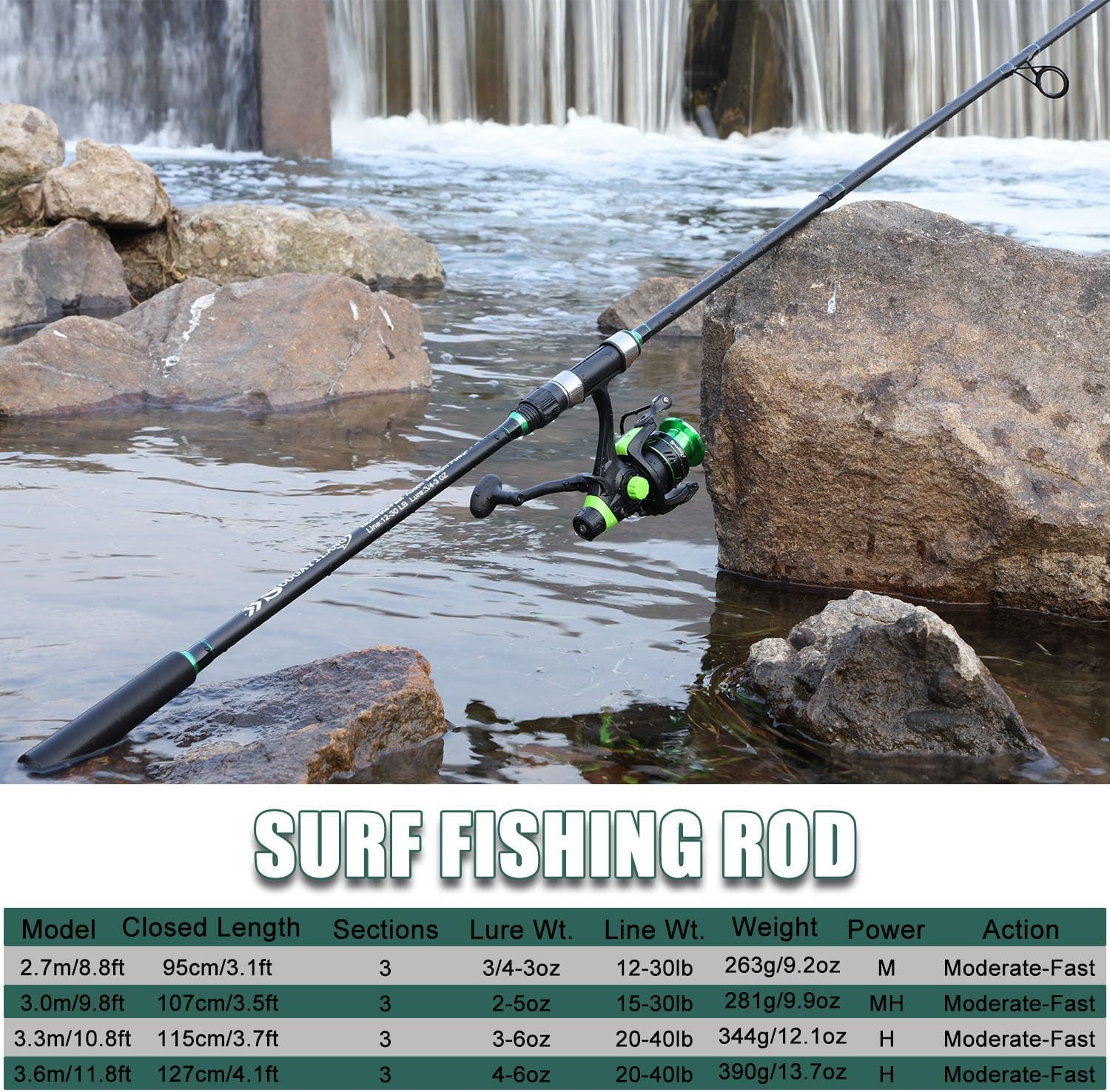 Surf Fishing Rod IM8 Carbon 3 Piece Travel Spinning Rod (9’/10’/11’/12′)