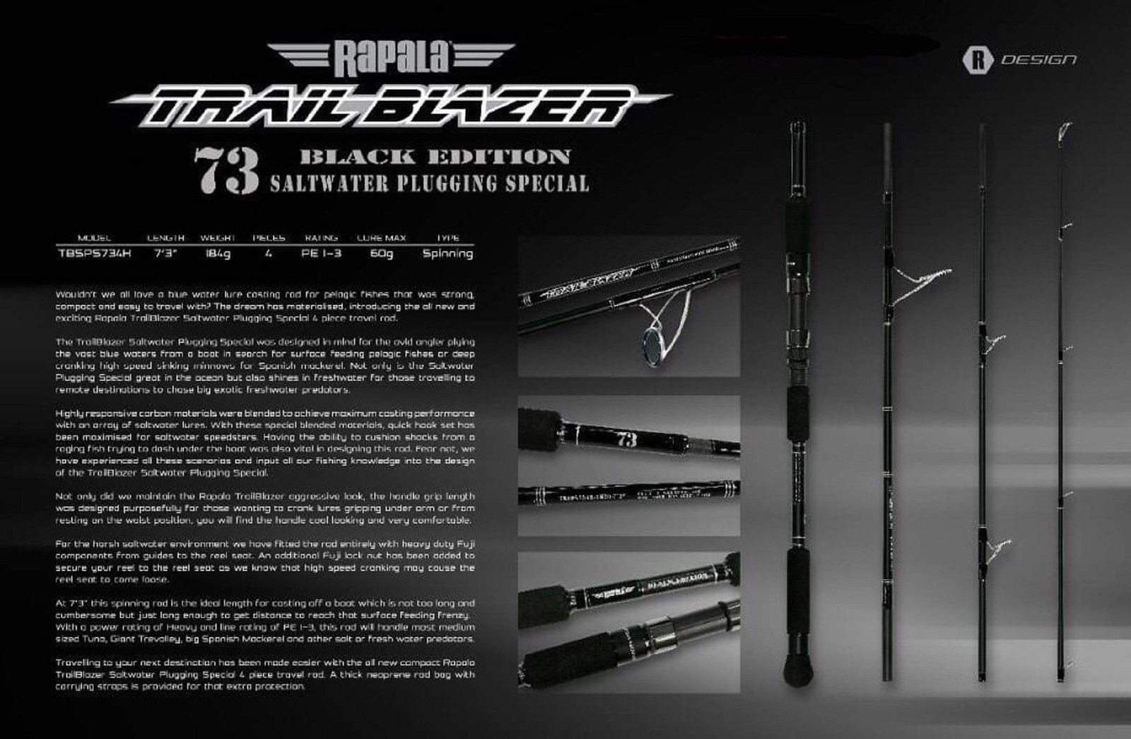 Rapala Rod Spider Trail Blazer Saltwater Plug Travel Rod TBSPS734H (5392)