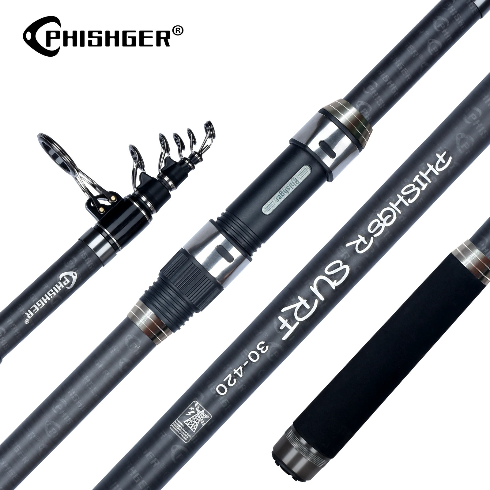 PHISHGER Telescopic Surf Spinning Rod 3.6-5.3m 30T Carbon 80-150g Power Travel