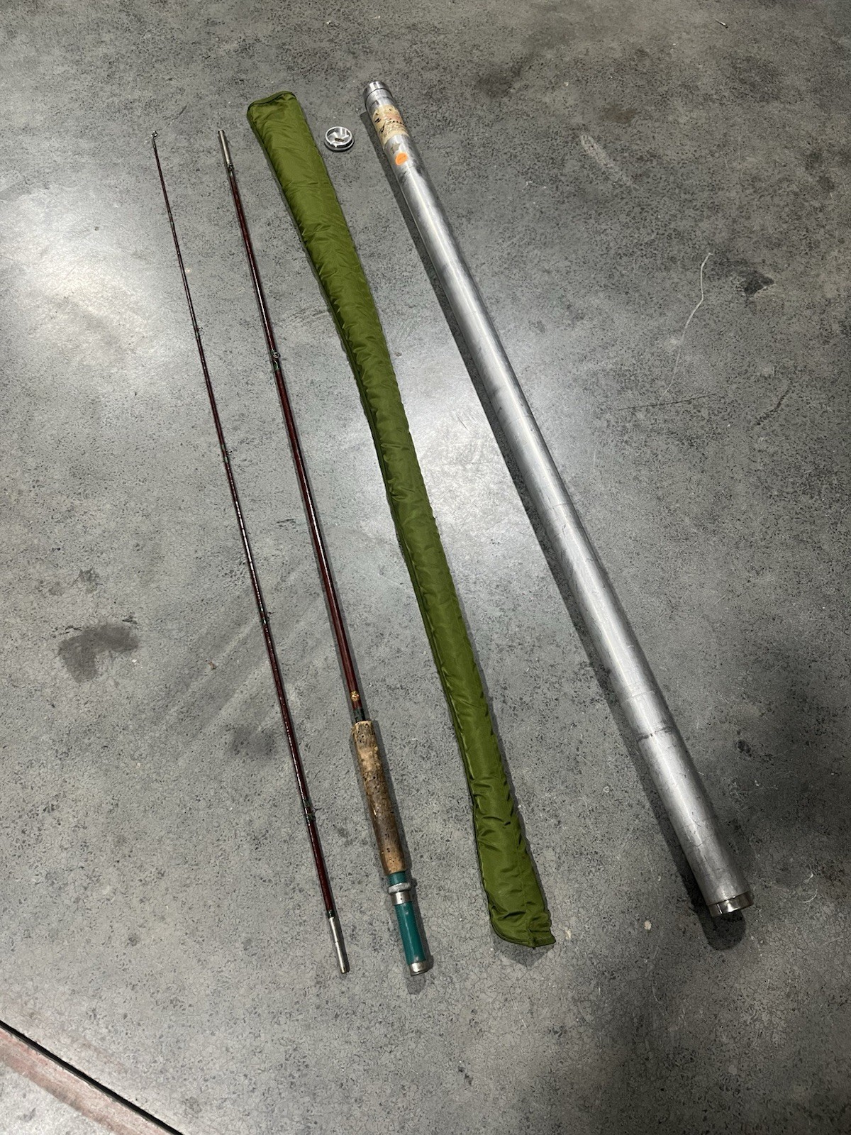 Vintage Montague Hologlass 7’6” Fly Rod w/cloth Sleeve & Aluminum Tube Case