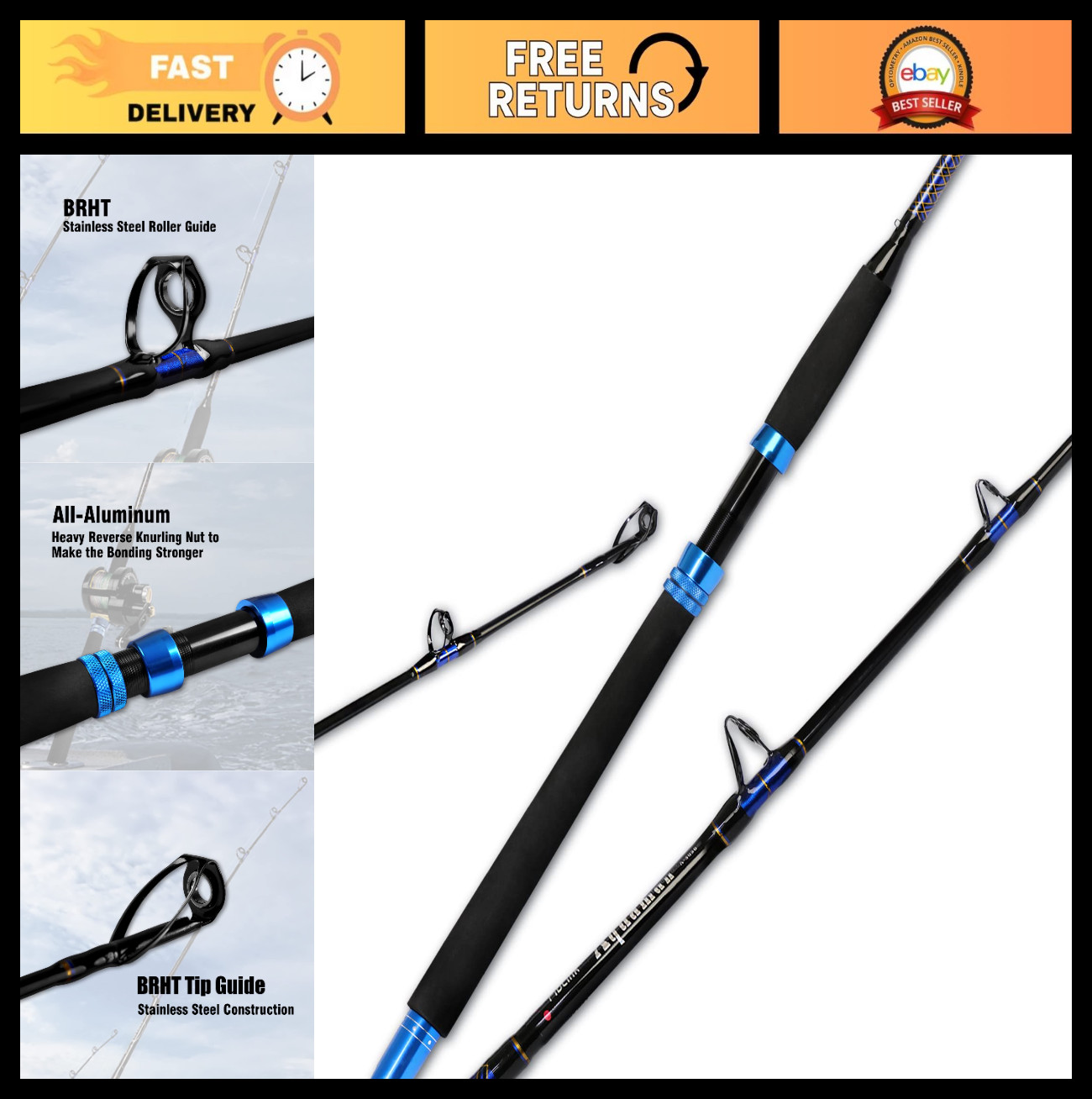 1-Piece Saltwater Fishing Rod – Graphite Spinning, 6ft, 30-120 lb Test, Offshore