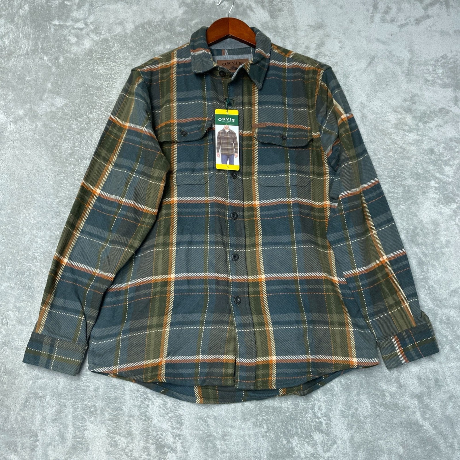 Orvis Men’s S Green Plaid Cotton Flannel Shirt Jacket Button Up Long sleev d1908