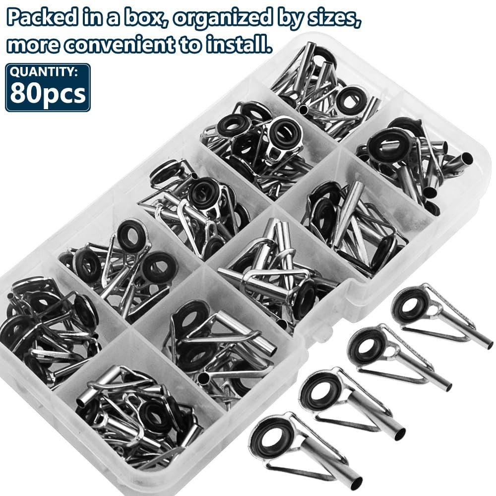80 Pcs Rod Tip Repair Kit Fishing Rod Tips Replacement Guide Rings Pole Eyelets