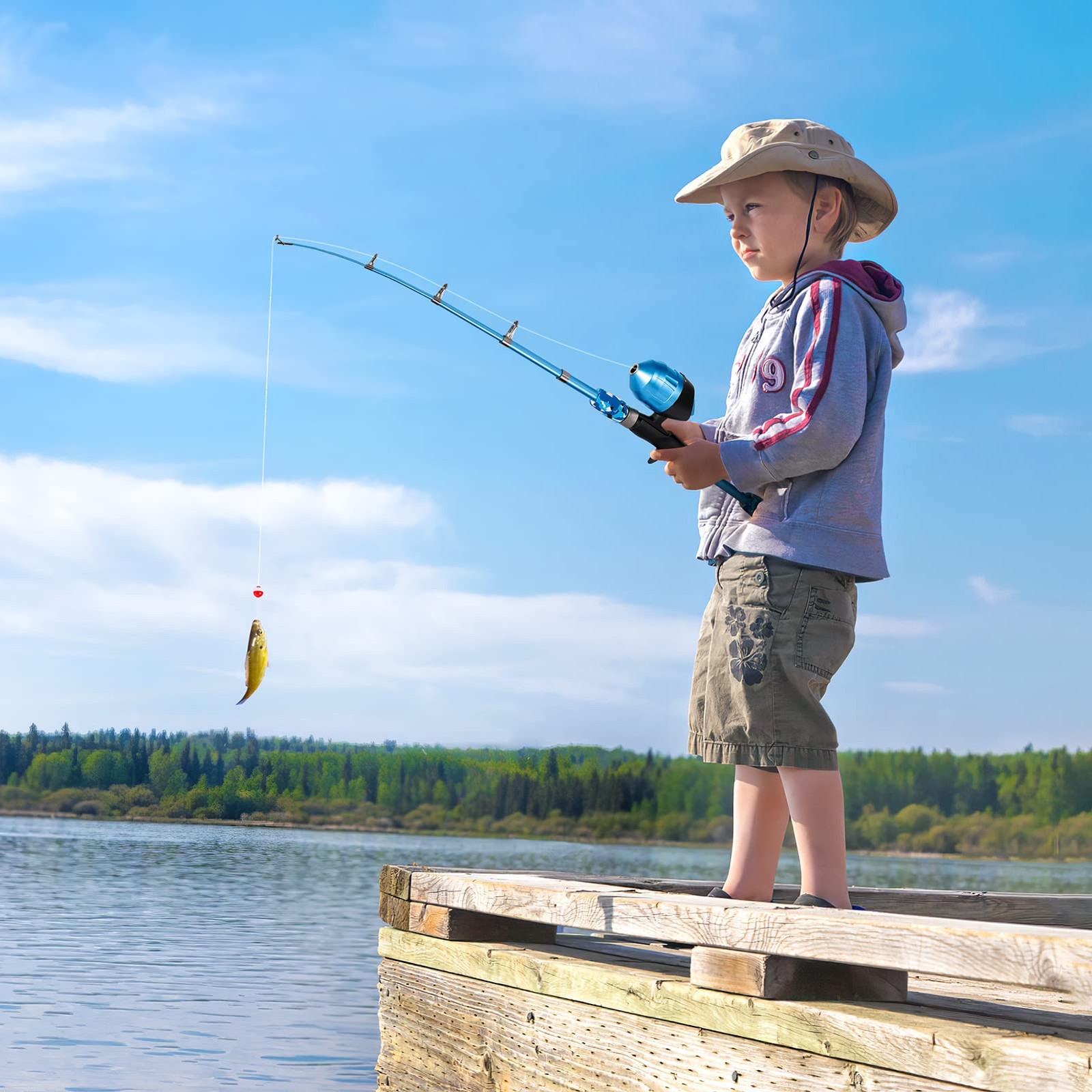 PLUSINNO Kids Fishing Pole with Spincast Reel Telescopic 4FT / 1.2M, Blue