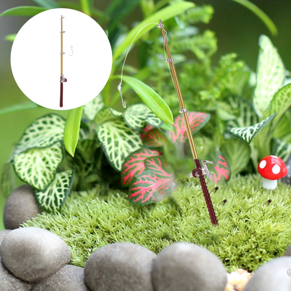 Miniature Small Fishing Pole Model Alloy Fishing Rod for Mini House Decor