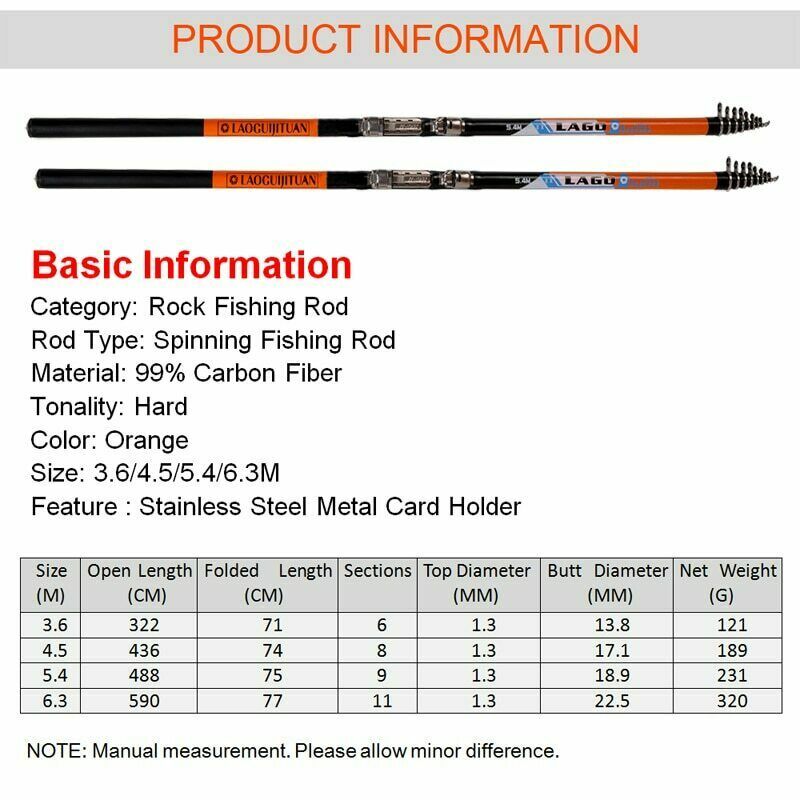 Carbon Fiber Fishing Rod 3.6M 4.5M 5.4M 6.3M Telescopic Rods Spinning Portable
