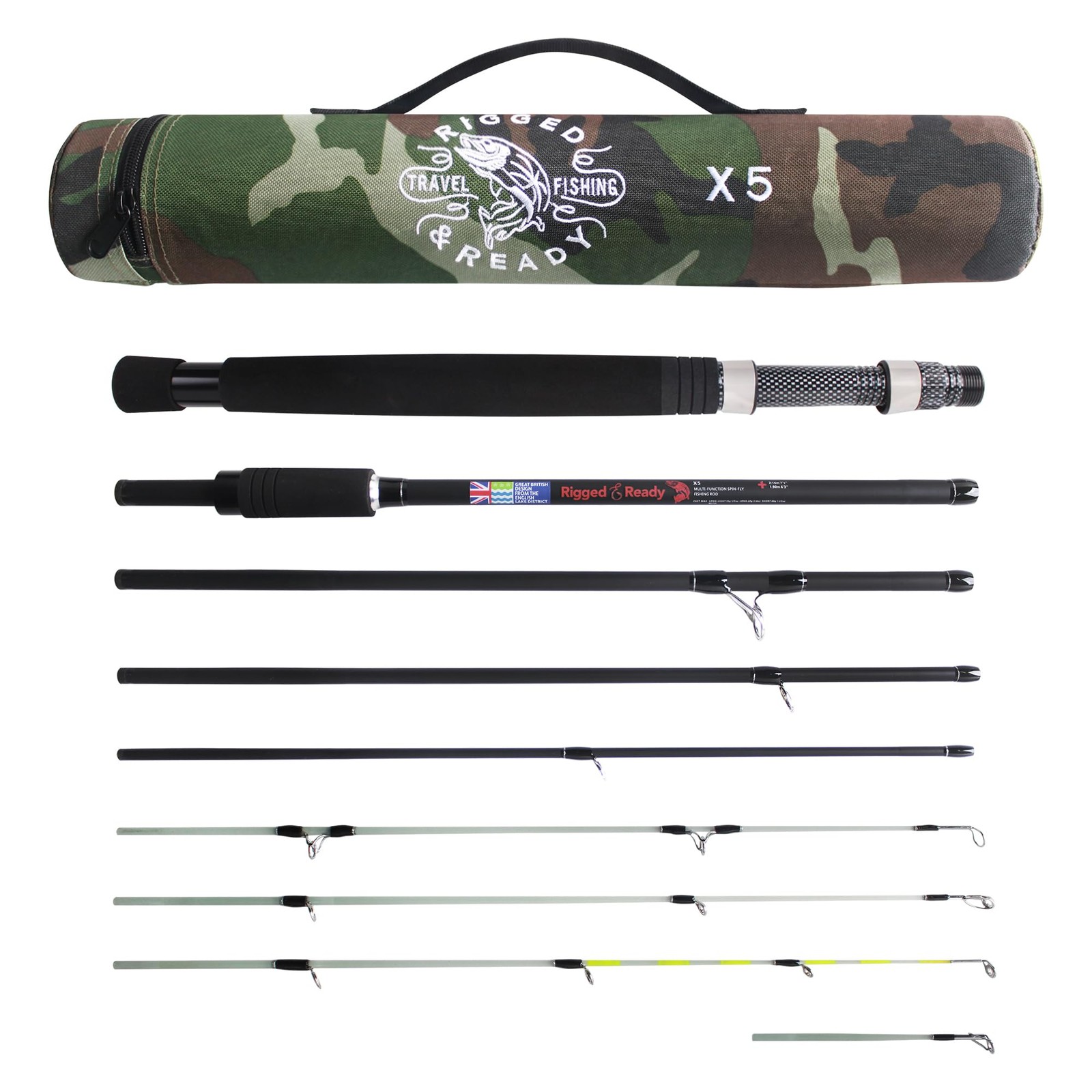 Rigged & Ready X5 Travel Fishing Rod. Spin-Fly, Super-Compact, Multi-Function…