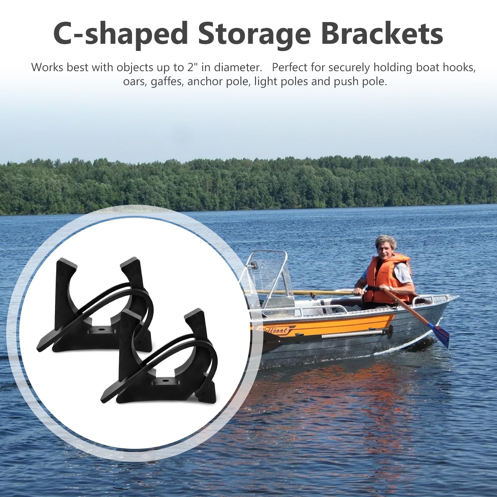 Black Rubber Spring Clamp Oar & Pole Holders with Strap, Marine