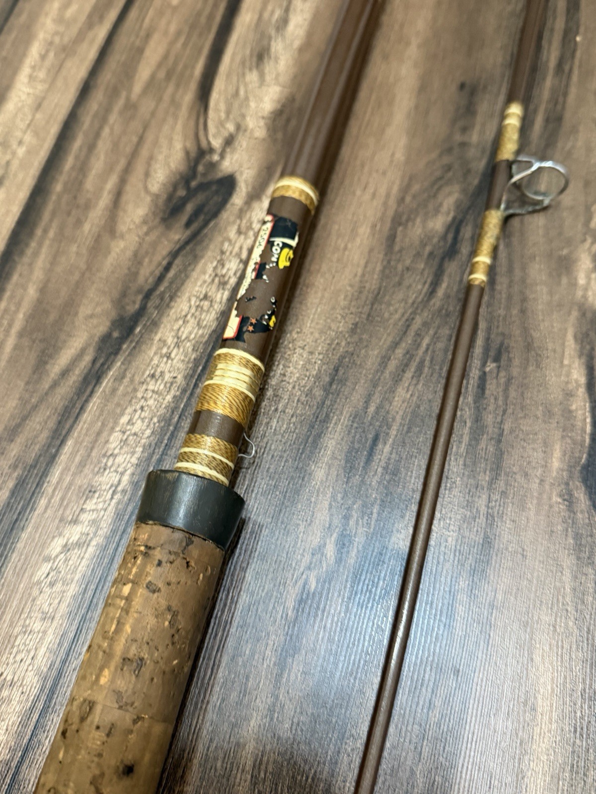 Vintage Abu Garcia 7’6” One Piece Fishing Rod Cork Handle Brown Fiberglass
