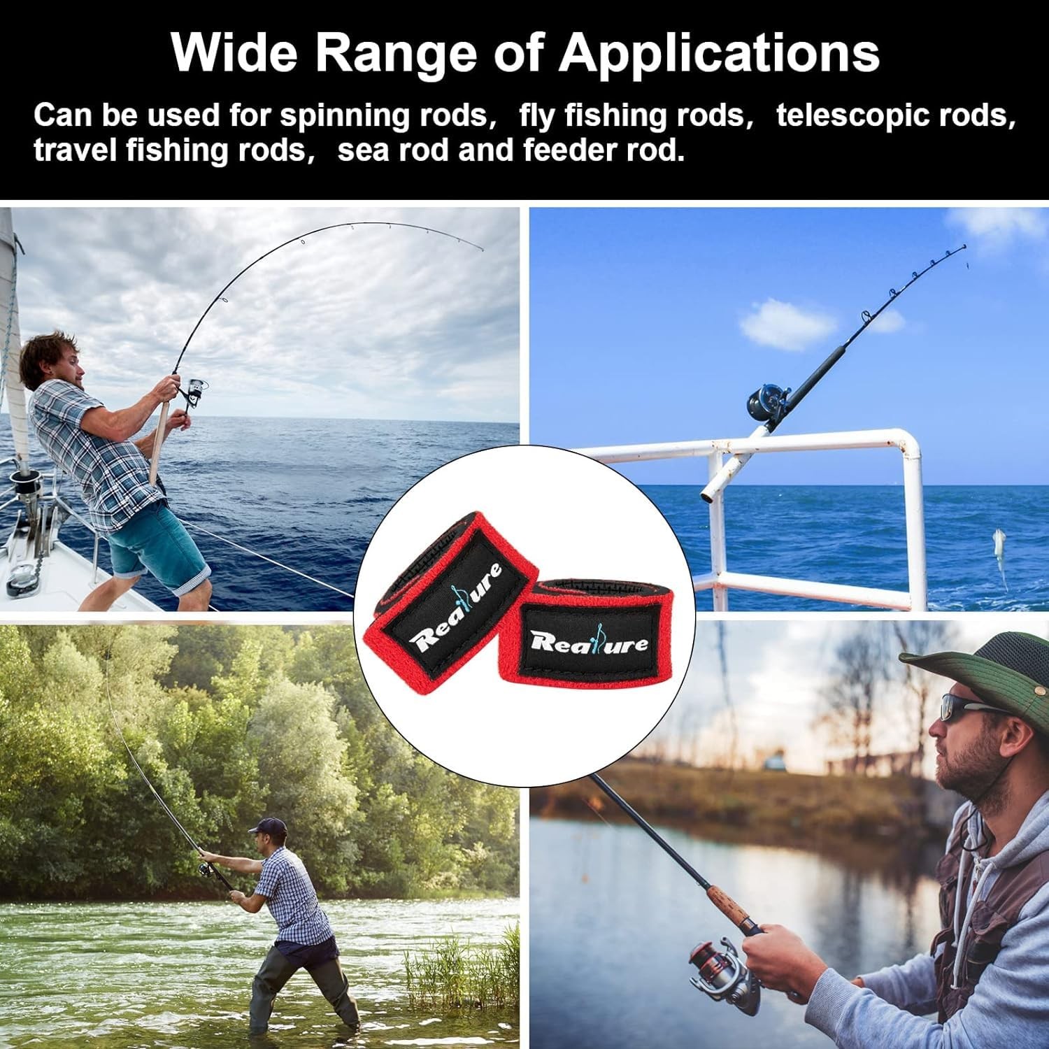 Realure 8 Pcs Fishing Rod Straps – Adjustable 25cm x 3cm x 0.4cm, Red