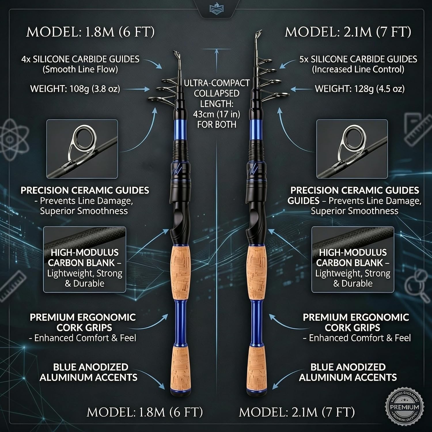 Portable Fishing Rods,Telescopic Spinning Rod with 24T Carbon & Carbon Tip, Cork