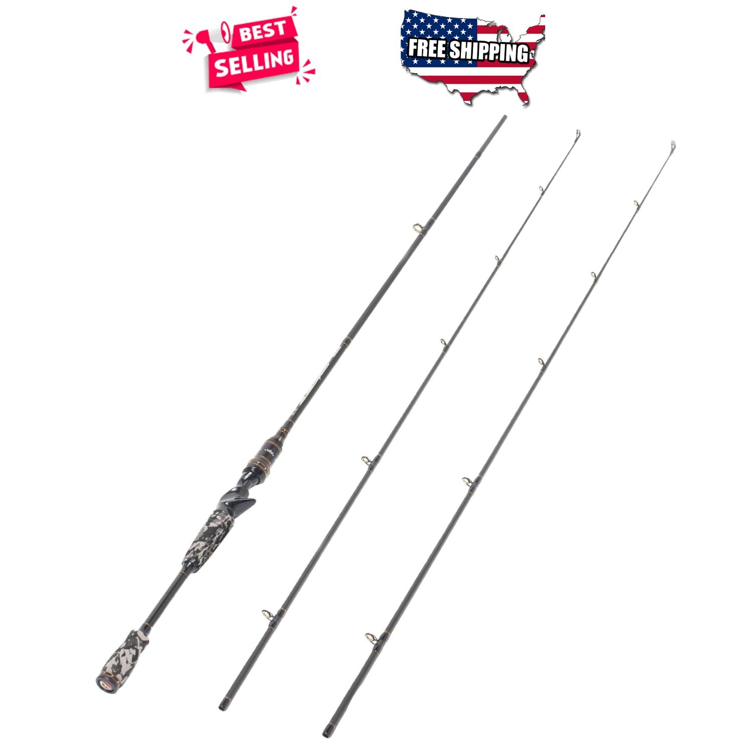 Baitcasting Rod 7ft 2 Tips Carbon Fiber Portable Medium/Heavy Power Bass Fishing