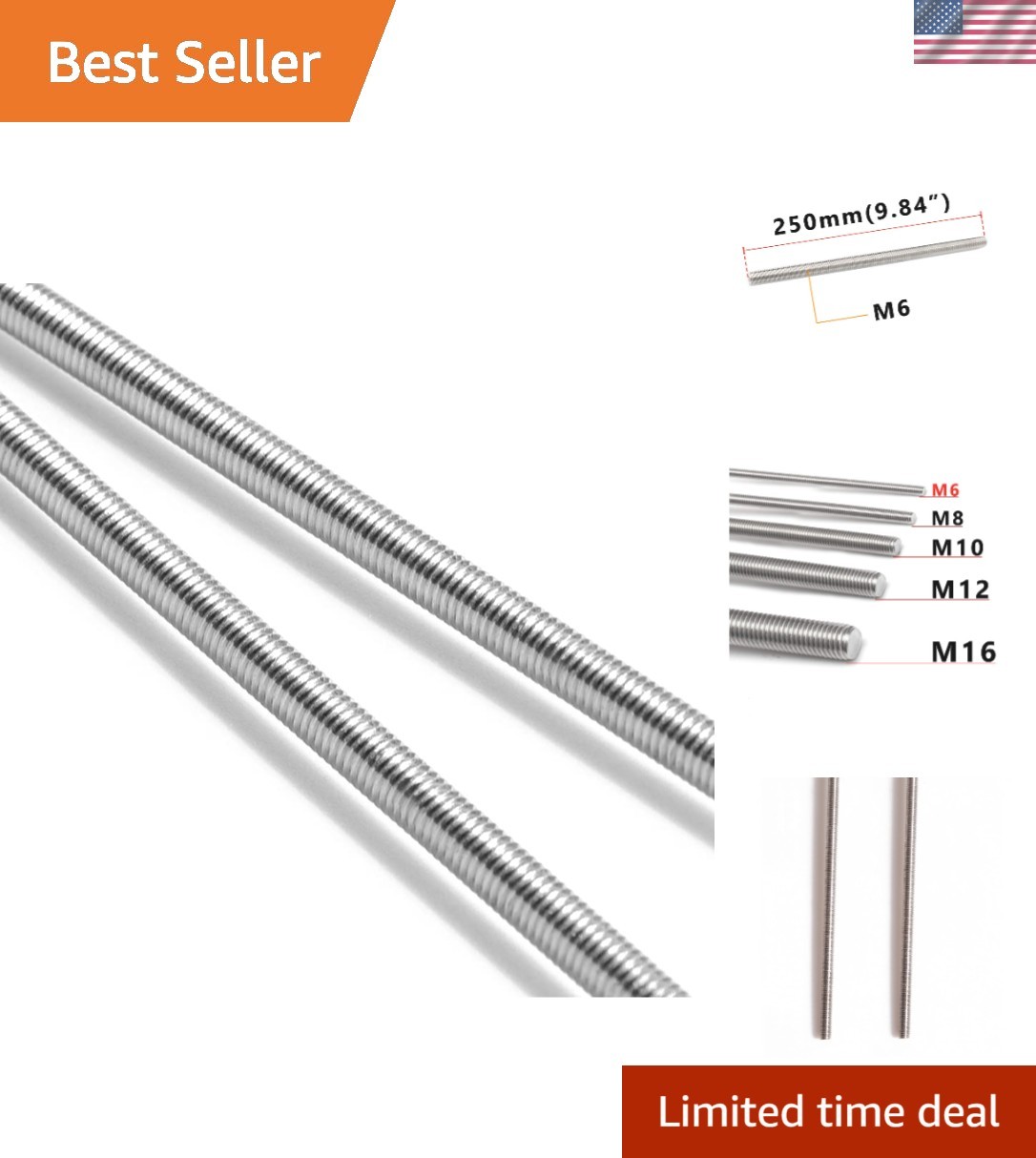 Versatile 250mm Stainless Steel M6-1.0 Fully Threaded Screw Rods – 2 Pieces