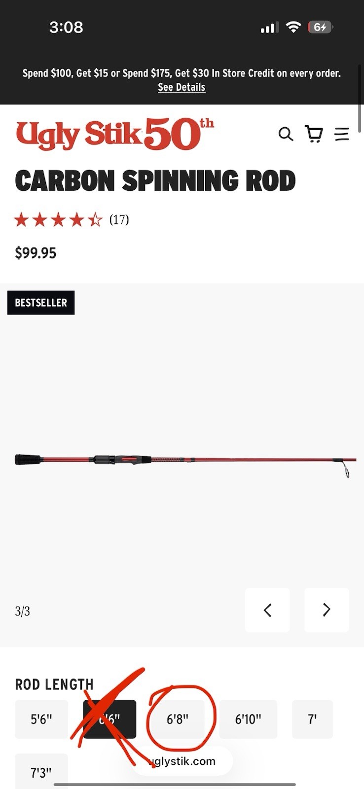 Ugly Stik Carbon Spinning Rod 6’8″ Medium Medium Fast 6-12lb 1/8-1/2oz