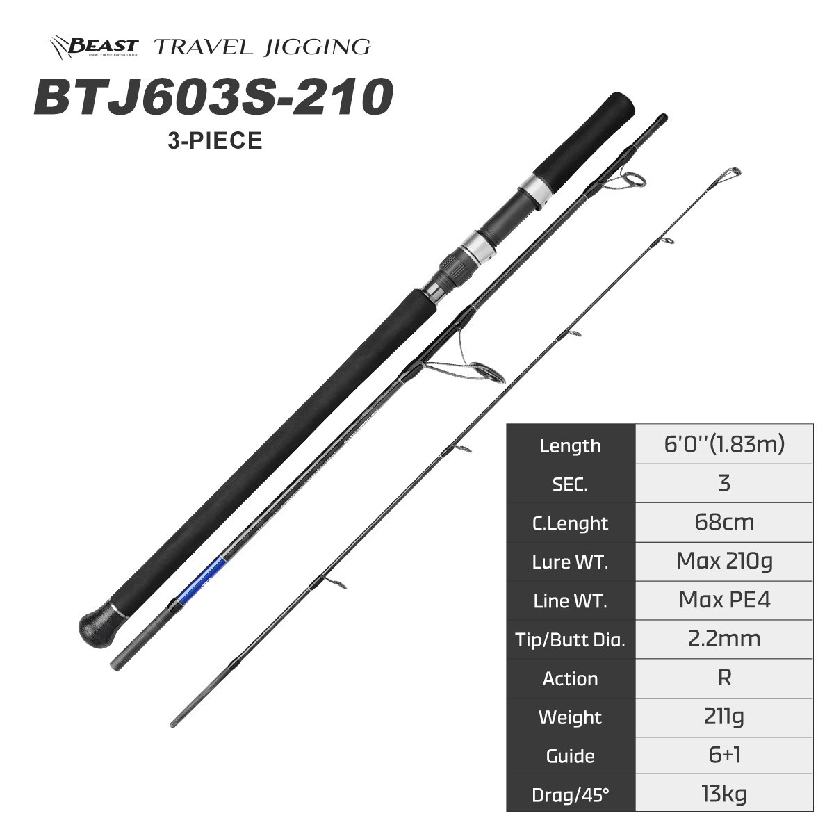 NOEBY Beast Travel Jigging Fishing Rod 1.83m Spinning Conventional 3 Pieces