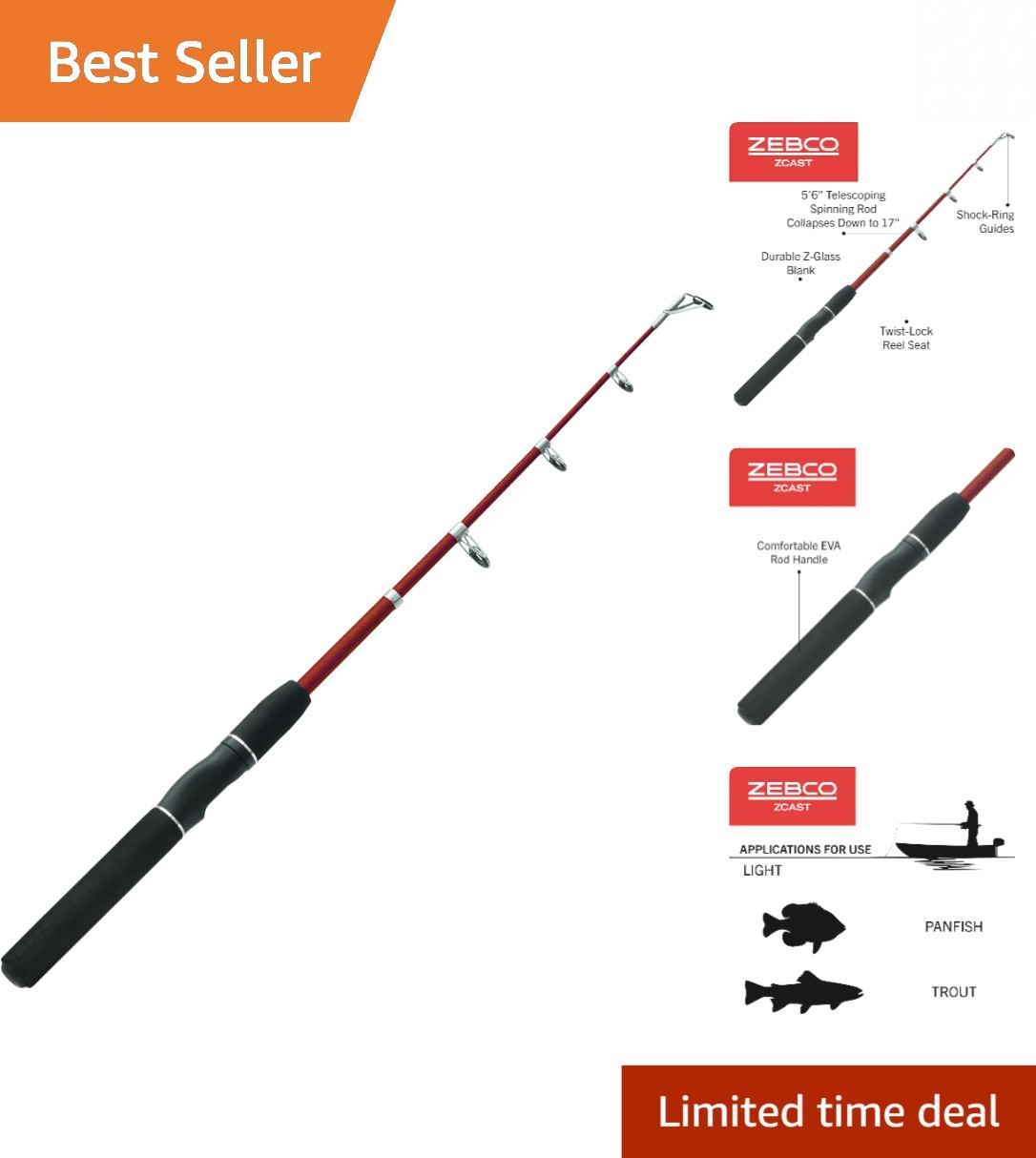 Z-Cast Telescopic Fishing Rod 5’6″ – Lightweight Z-Glass, Comfort EVA Handle