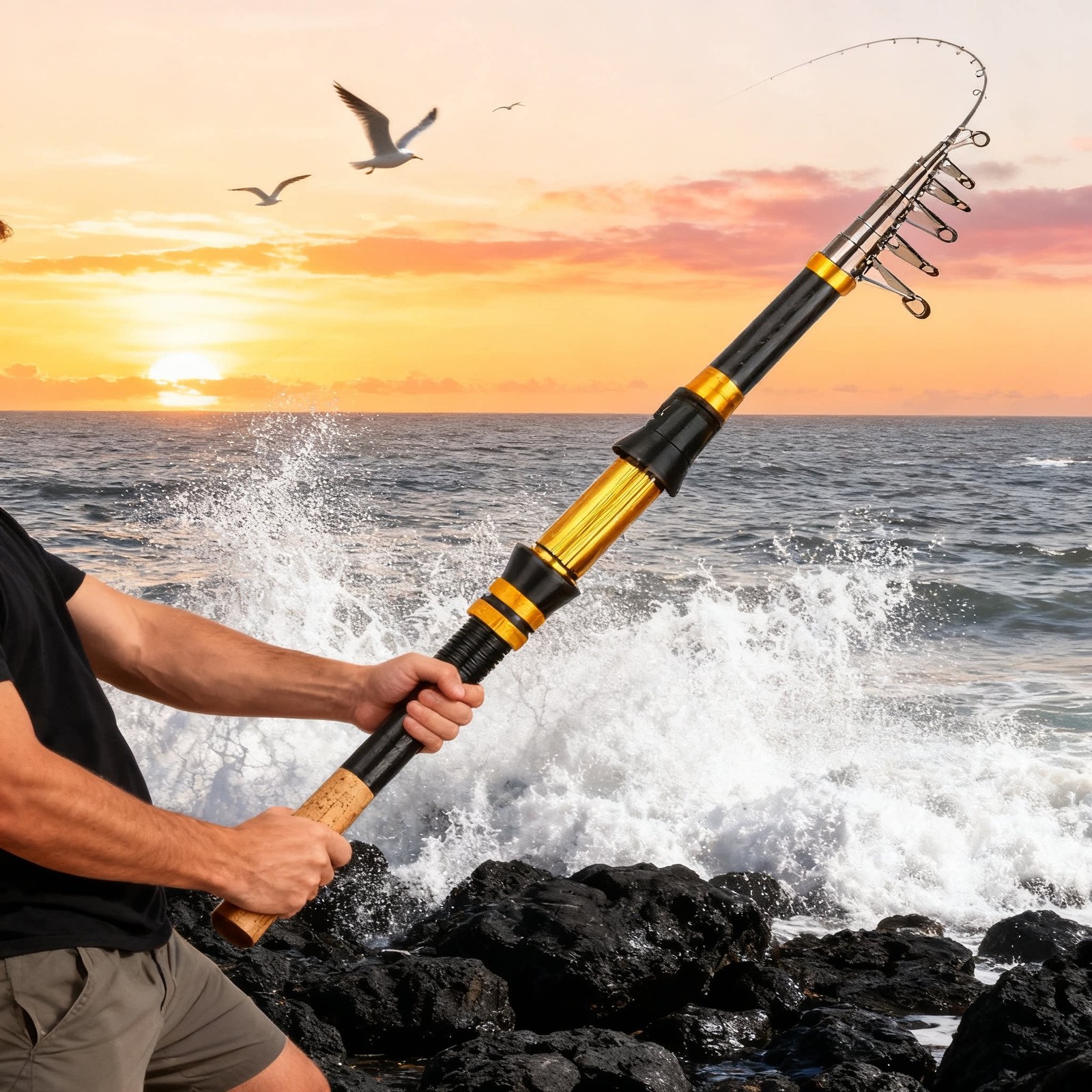Black Gold Carbon Telescopic Sea Fishing Rod Hard Action Casting Pole 1.8M 2.1M