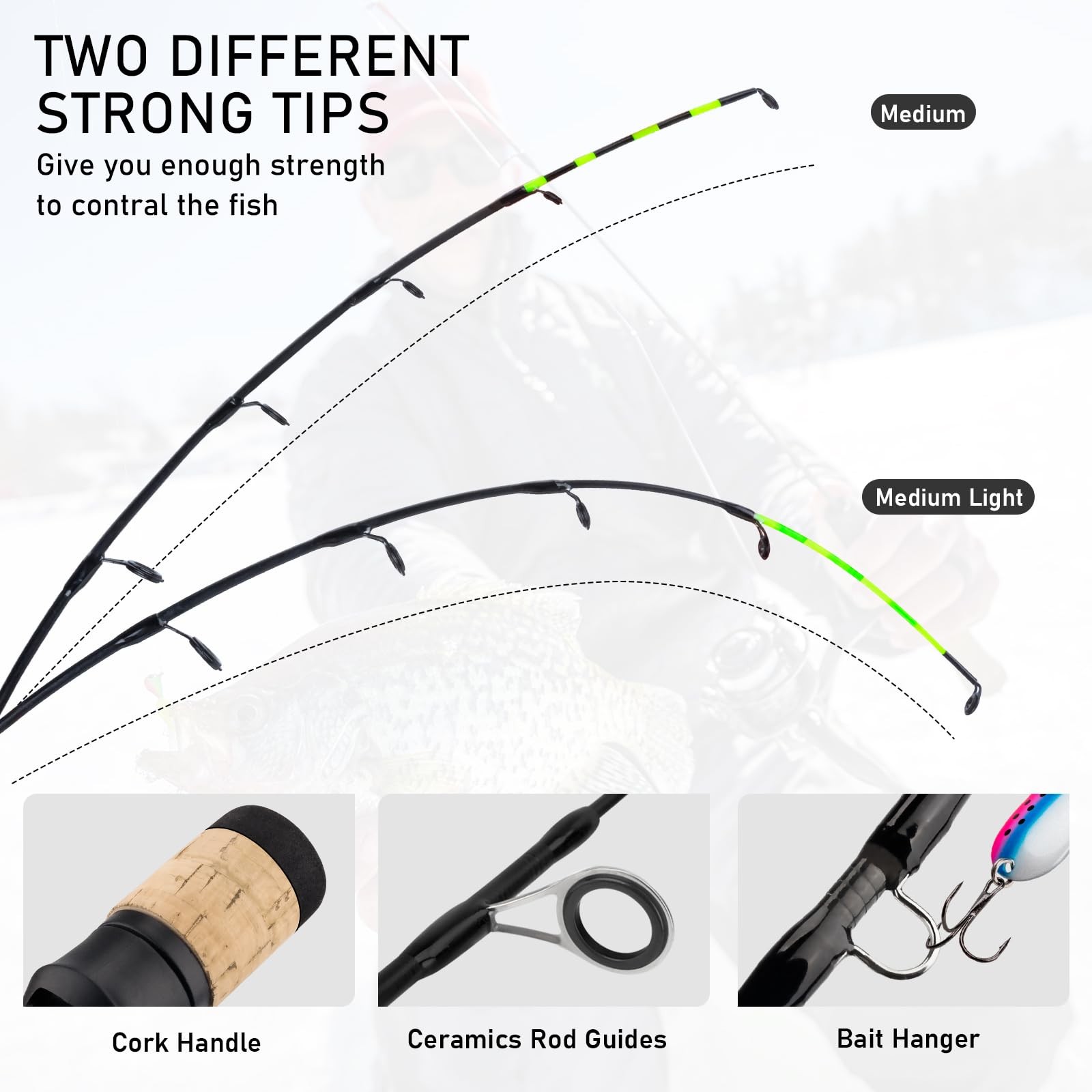 QualyQualy 24″ M/ML Ice Fishing Rod & Reel Combo, 2 Tips – Walleye, Perch, Trout