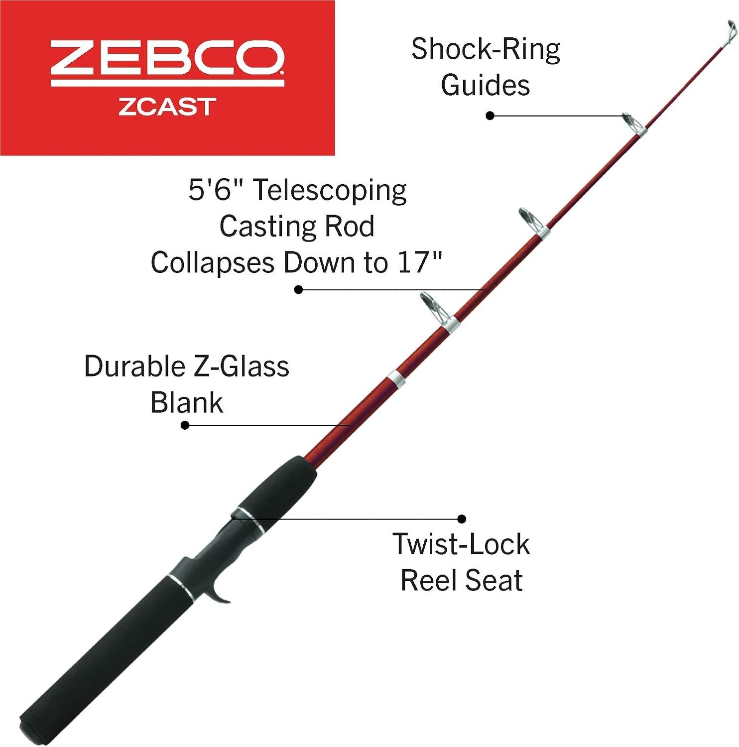 ZEBCO Z-CAST Telescopic Casting Rod, Extendable 17-Inches to 5-Foot 6-Inch NEW