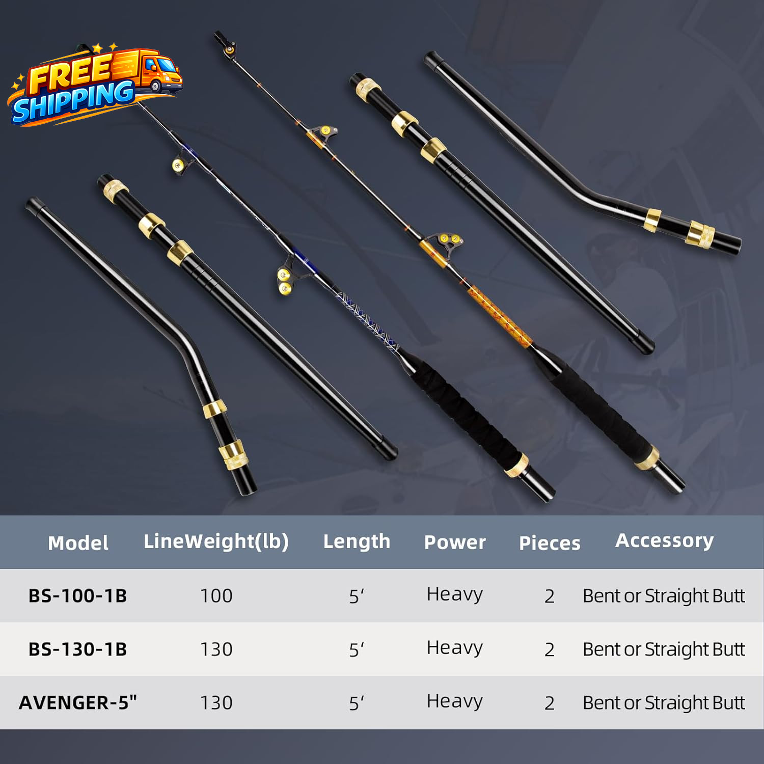 Deep Sea Fishing Rod Heavy Duty Bent Butt Trolling Rod with Roller Guides