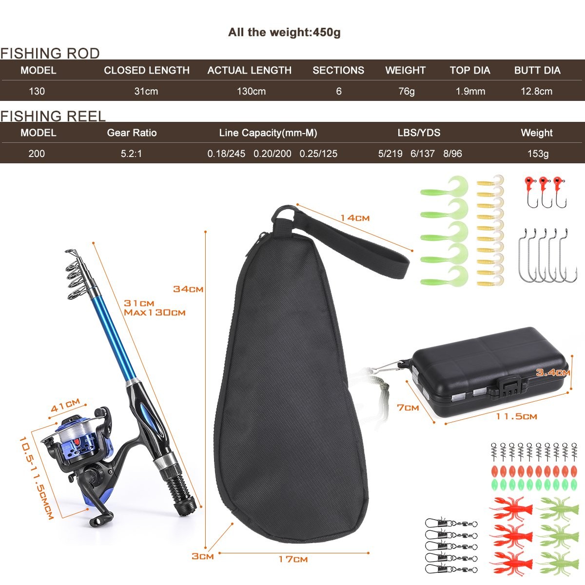 Leo Light Weight Kids 130CM Rod and Reel Combos with Full Kits Carry Bag