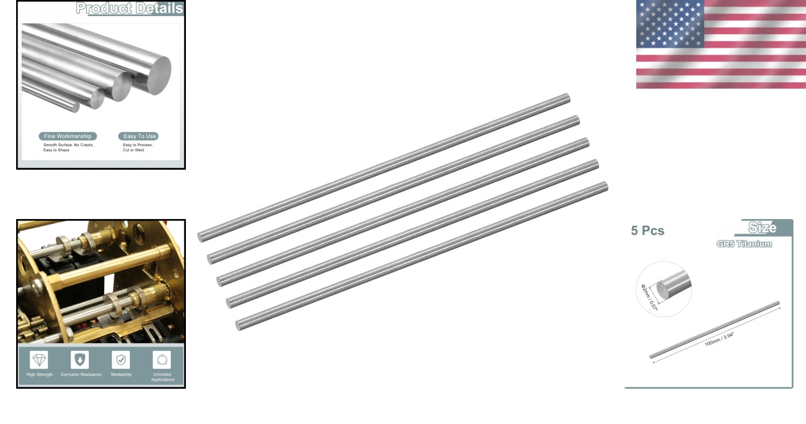 Set of 5 GR5 Titanium Round Bar Rods 2mm x 100mm | Versatile Metalworking Supply