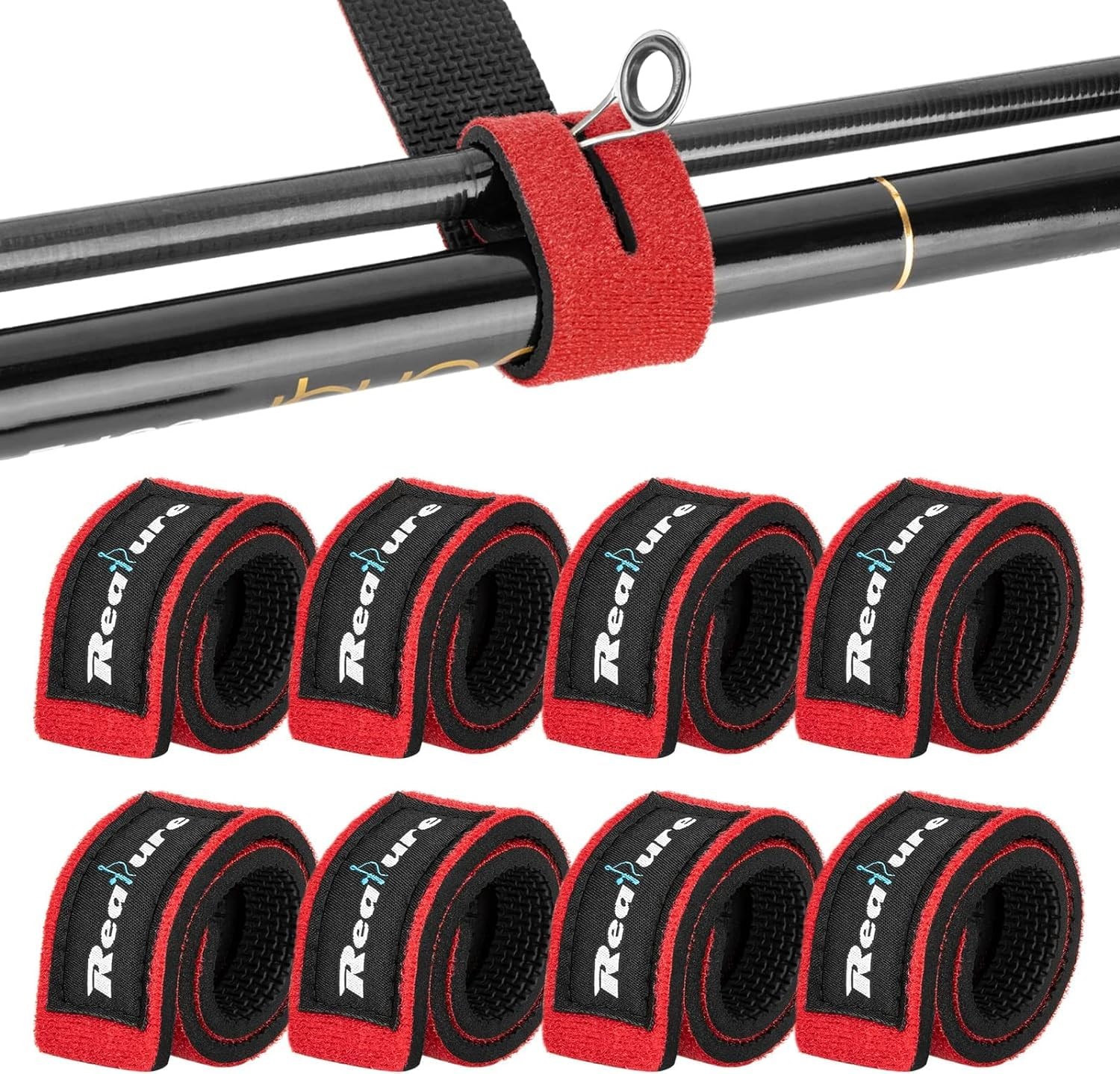 Realure 8 Pcs Fishing Rod Straps – Adjustable 25cm x 3cm x 0.4cm, Red