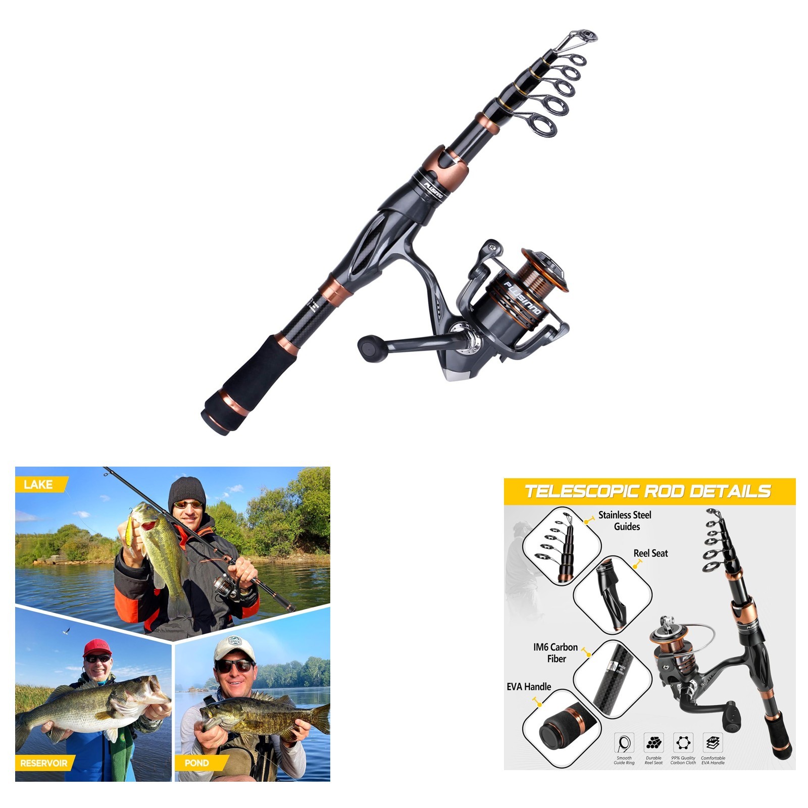 Fishing Rod and Reel Combos, Carbon Fiber Telescopic Rod 12+1 Bearings Spinning
