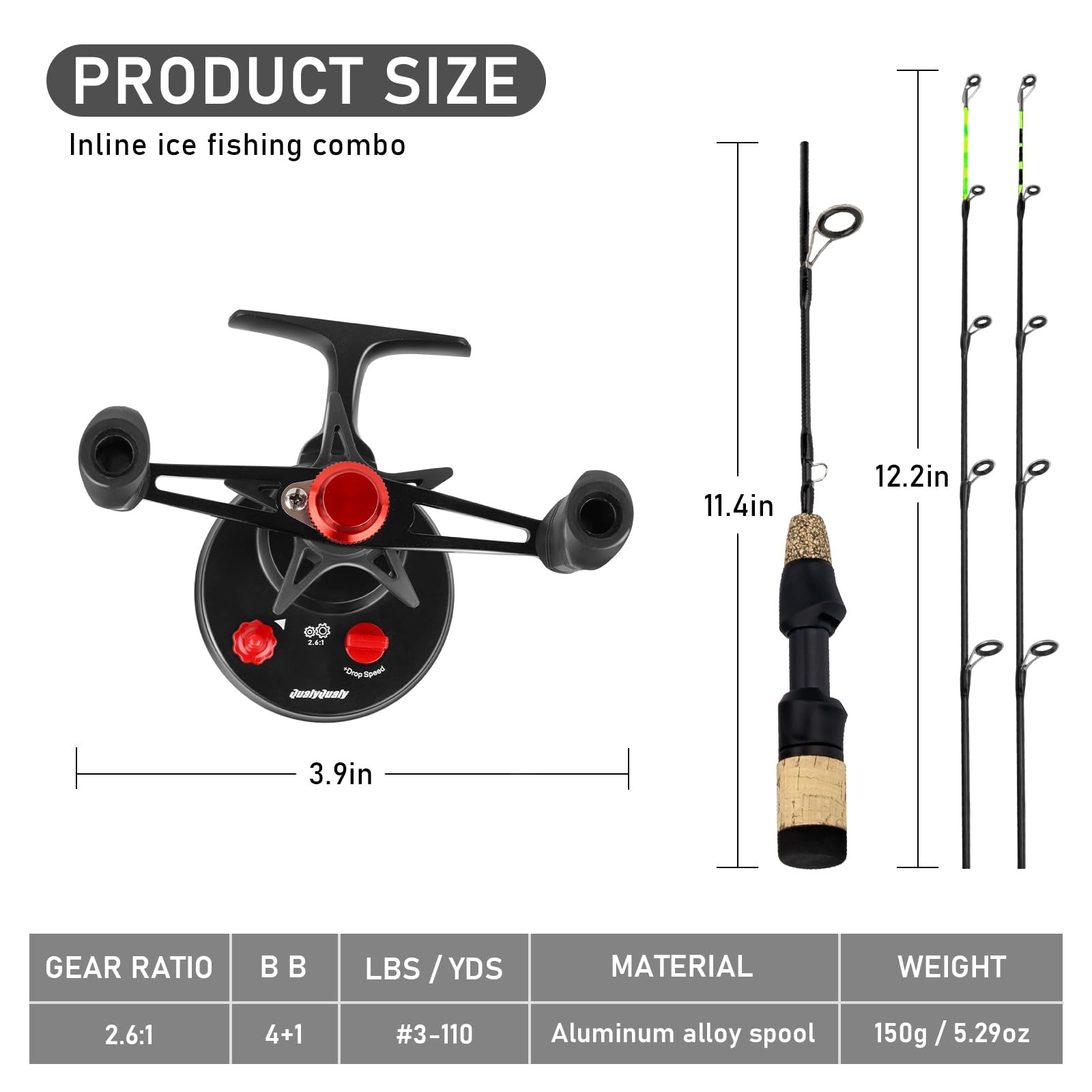QualyQualy 24″ M/ML Ice Fishing Rod & Reel Combo, 2 Tips – Walleye, Perch, Trout
