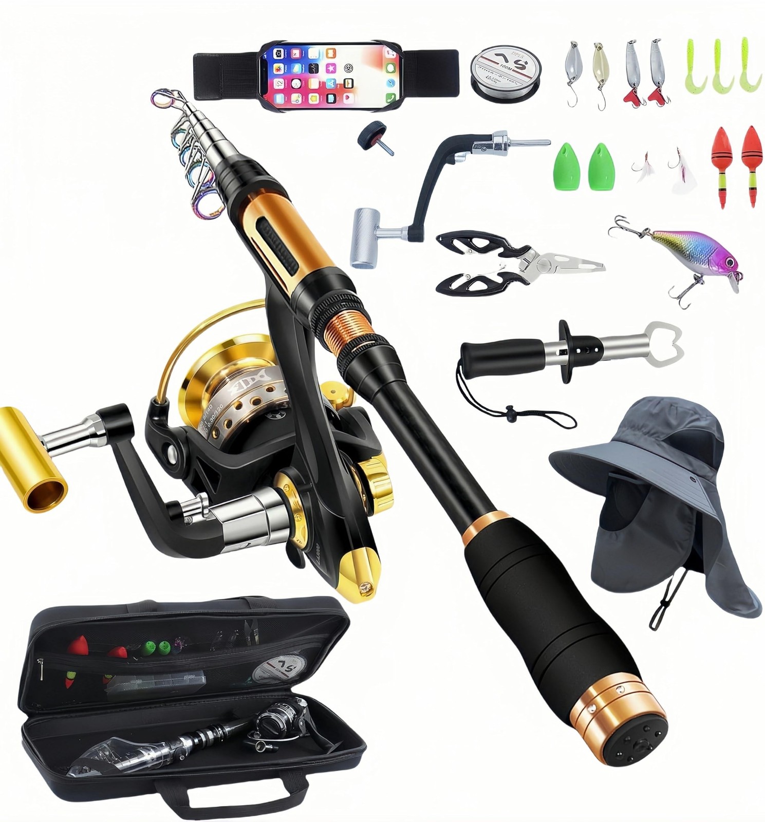 Portable Fishing Spinning Rod and Reel Combo Set Carbon Fiber Fluorescent Rod…