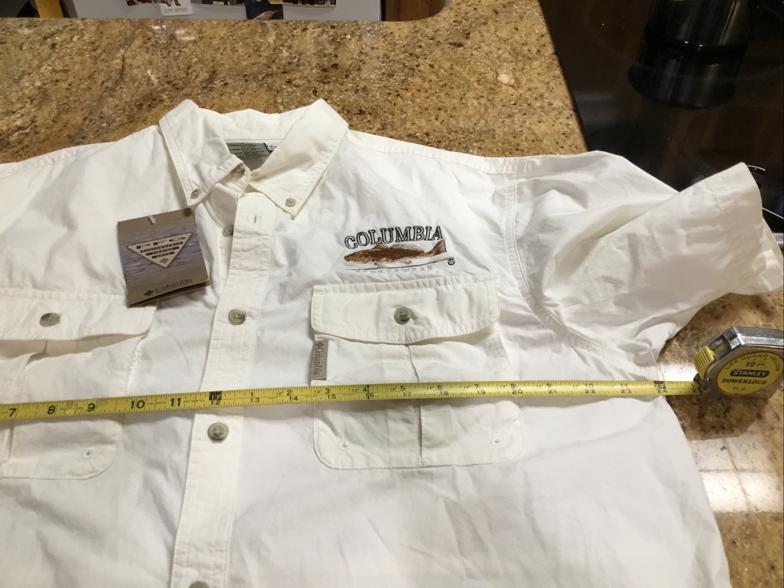 Columbia NWT FISHING SHIRT PFG Sz L White All Cotton Redfish Emblem Men L