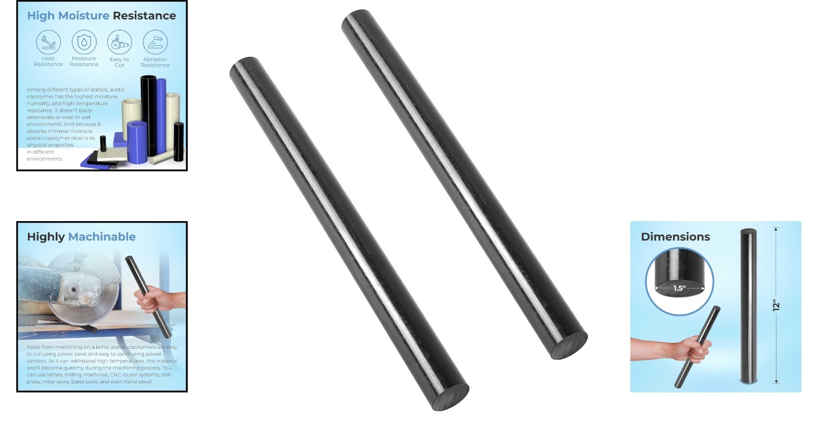 1.5″ x 12″ Acetal Copolymer Rods, Perfect for Non-Marring Fixtures