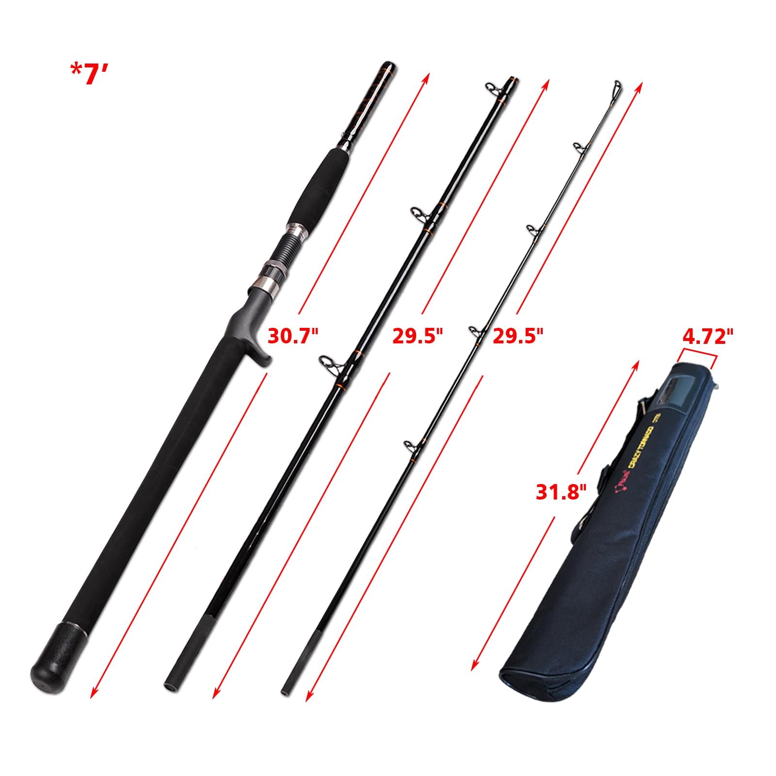 Portable Saltwater Offshore Heavy 3-Piece Travel Graphite Baitcasting Fishing…