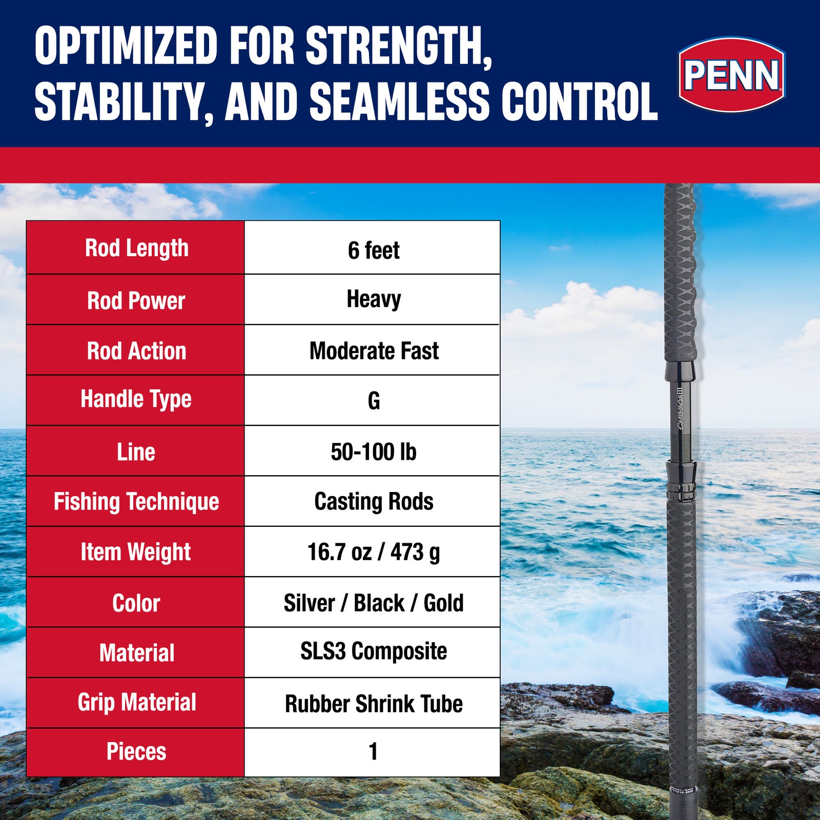PENN Carnage III Conventional Boat Fishing Rod, 6′ Fishing Pole, Heavy(Open Box)