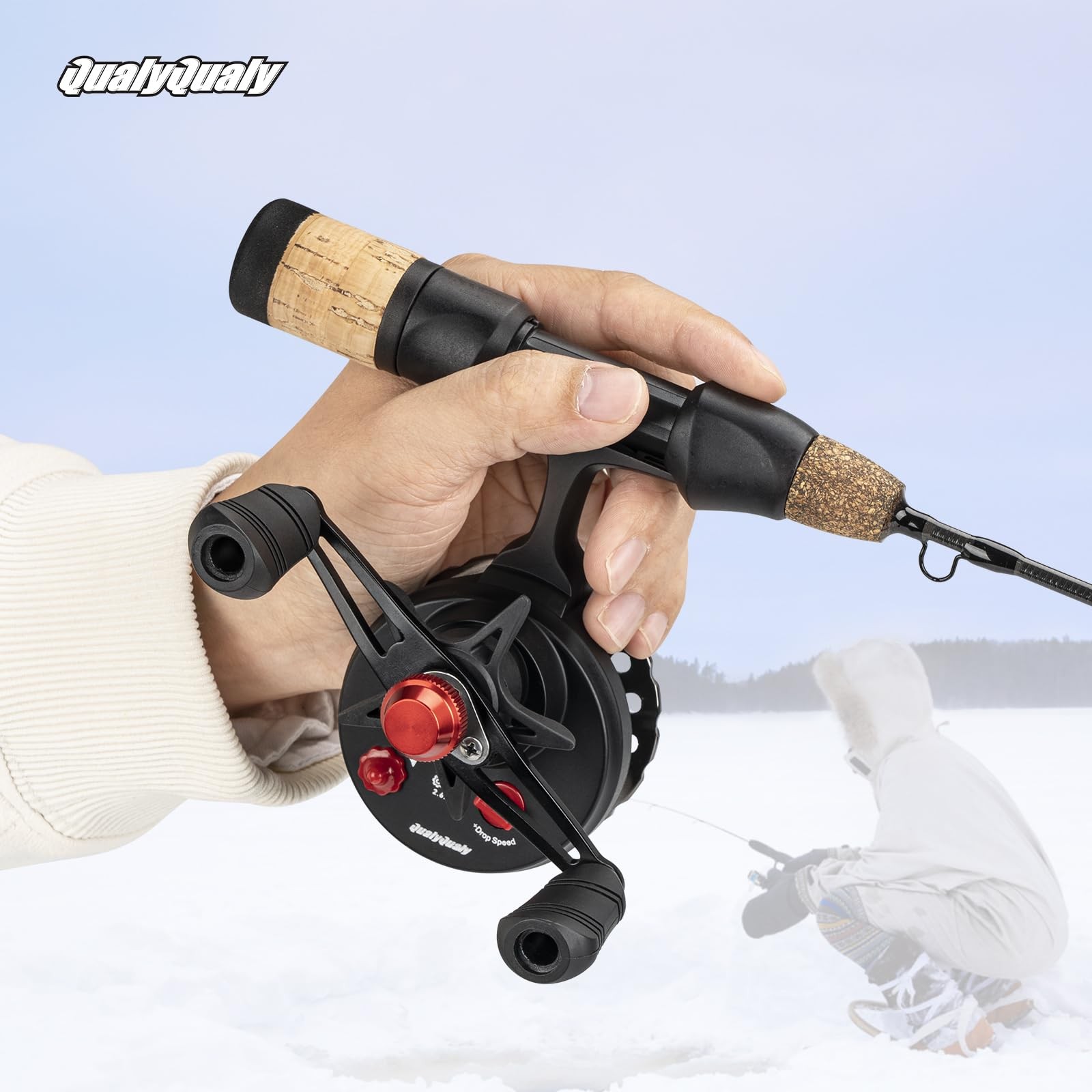 QualyQualy 24″ M/ML Ice Fishing Rod & Reel Combo, 2 Tips – Walleye, Perch, Trout
