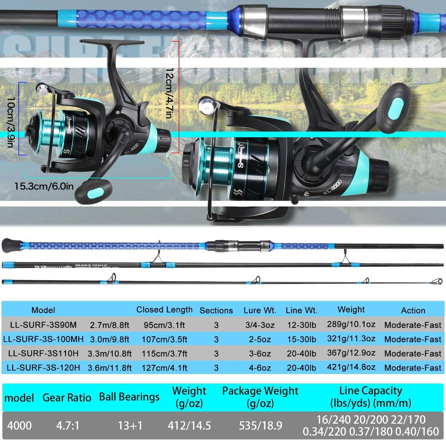 3 Piece Baitfeeder Combo Surf Fishing Rod Combo Medium/Heavy Travel Spinning Rod