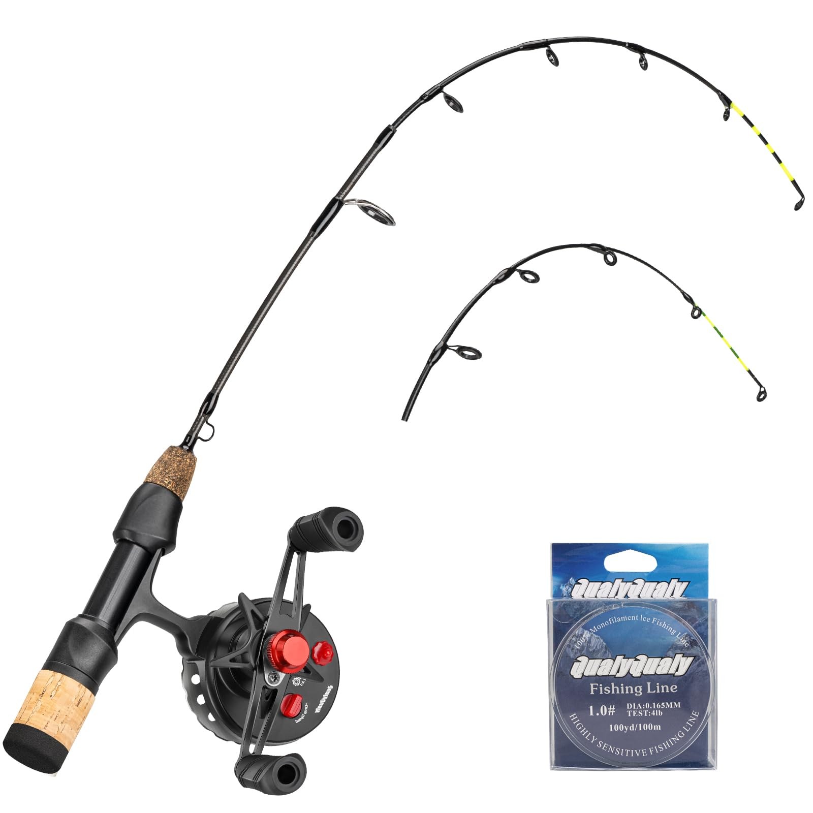 QualyQualy 24″ M/ML Ice Fishing Rod & Reel Combo, 2 Tips – Walleye, Perch, Trout