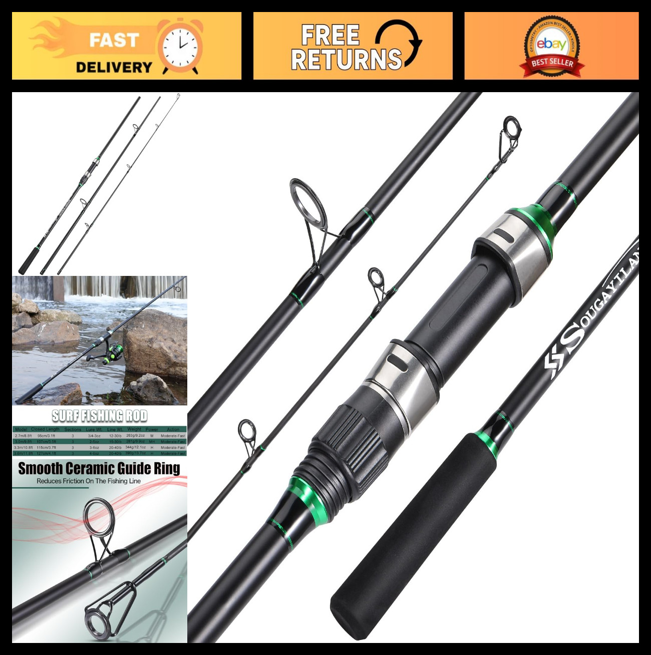 IM8 Carbon Surf Fishing Rod – 3 Piece Travel Spinning Rod (9′ to 12′) – Lightwei