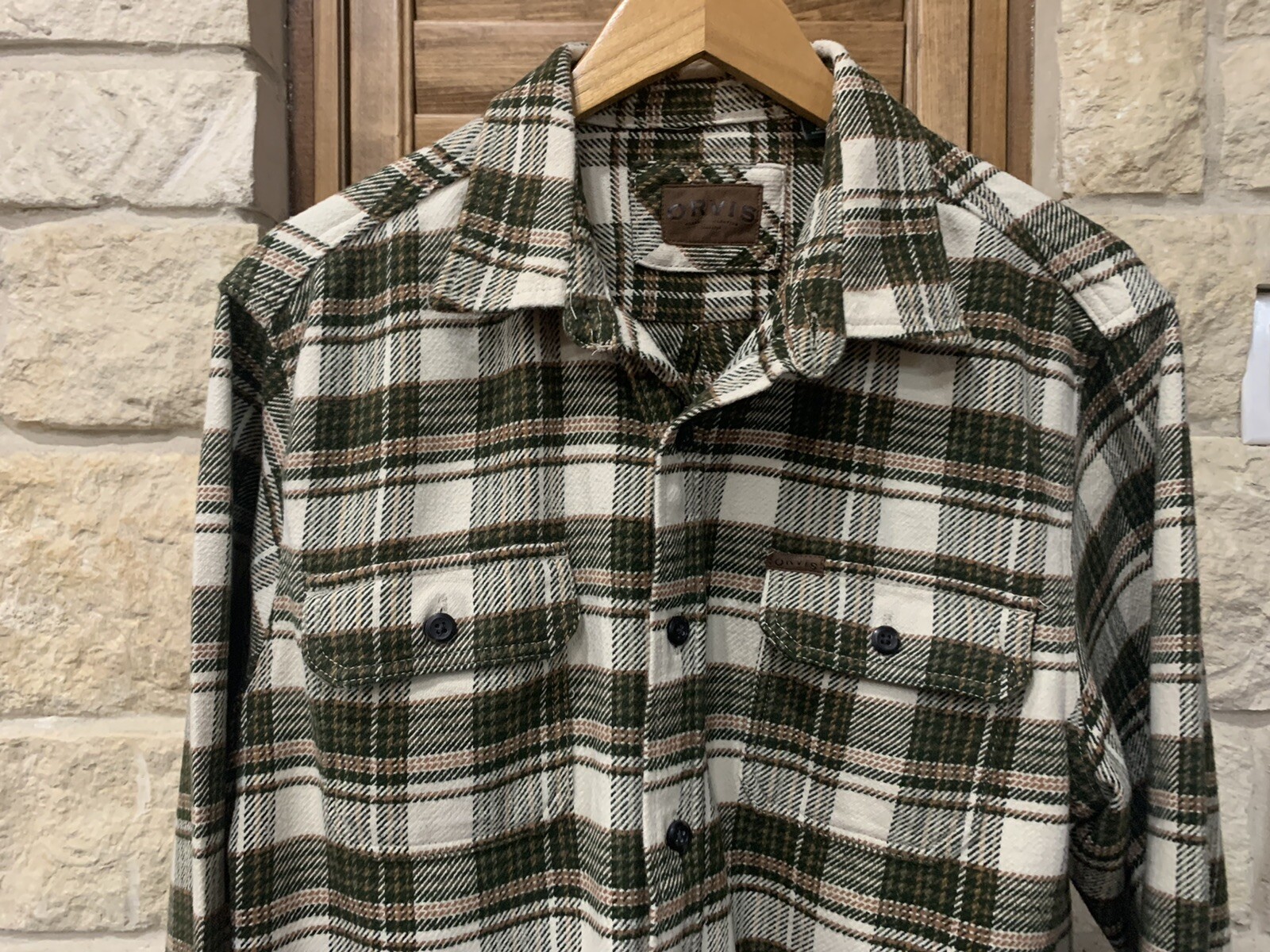 Orvis Men’s Flannel Plaid L/S Shirt Jacket Green & Ivory Side Pockets Size L EUC