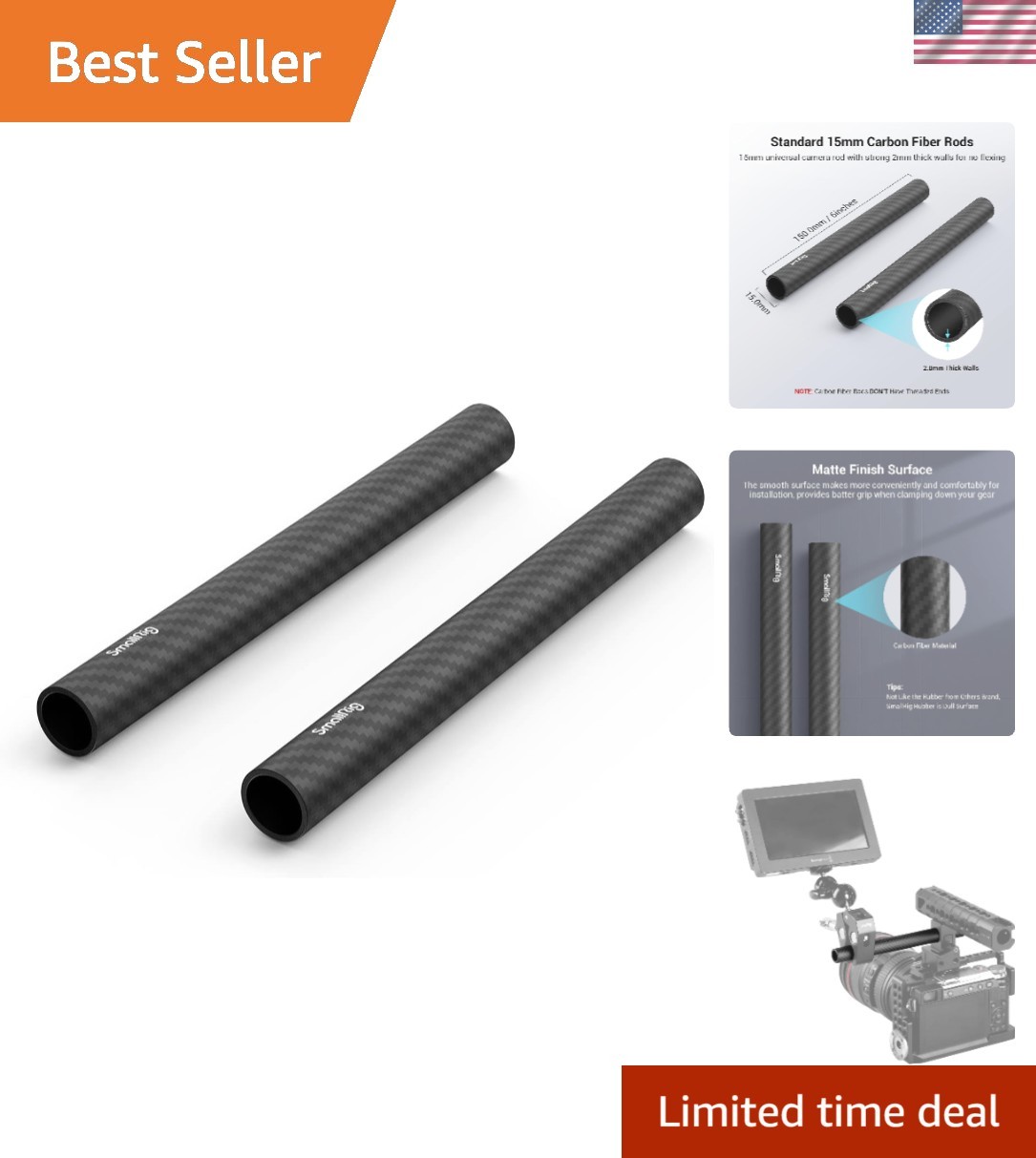 High Performance 15mm Carbon Fiber Rods – 6 Inches, Ideal for Cameras – 2 Pack