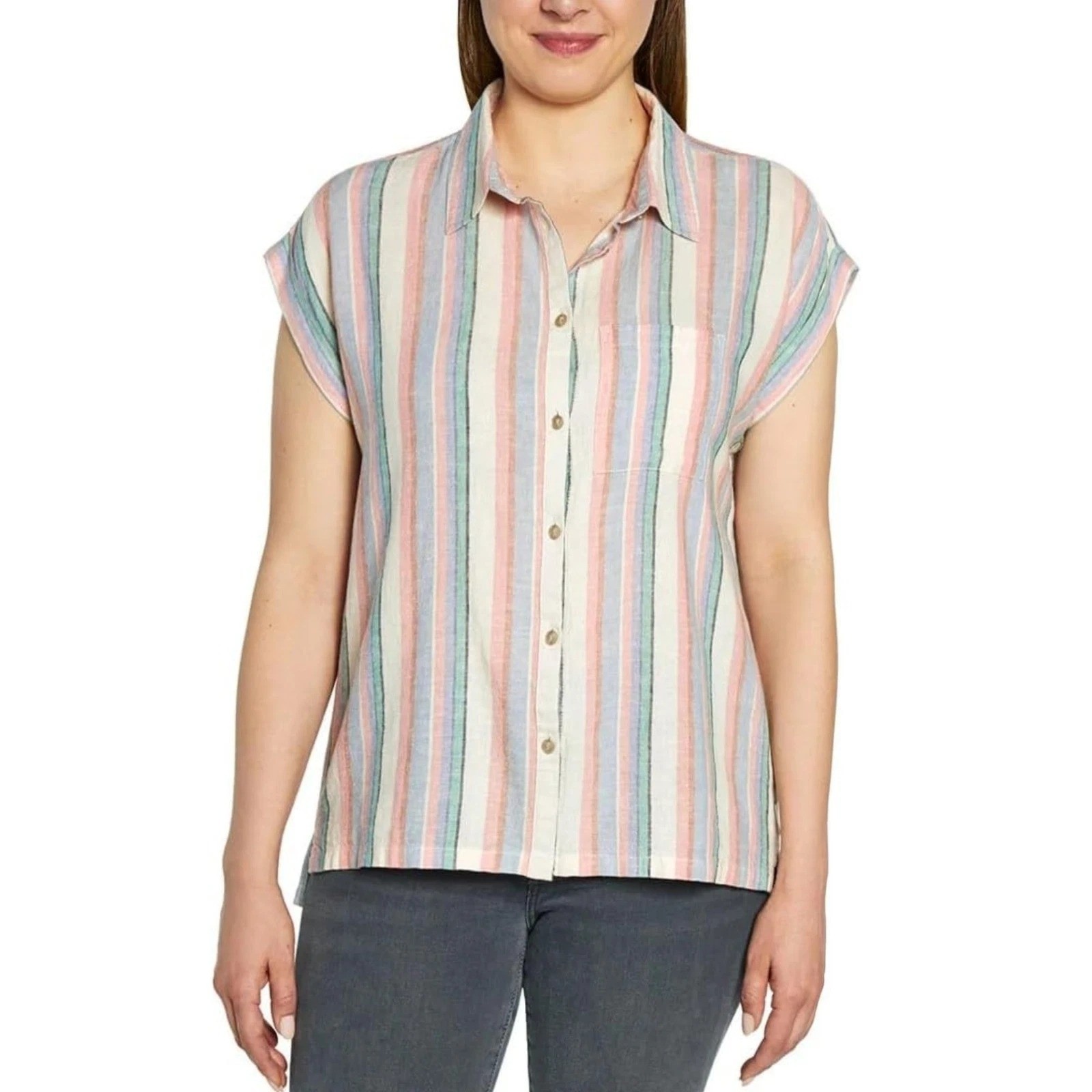 NWOT Orvis Women’s XL Button-Up Shirt Striped Linen Blend Short Sleeve i1992