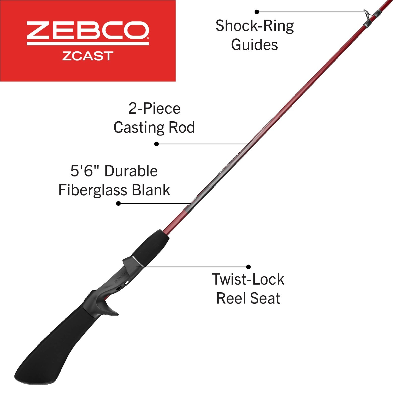 Durable 2-Piece Casting Fishing Rod, EVA Handle, Shock-Ring Guides, Z-Glass Pole