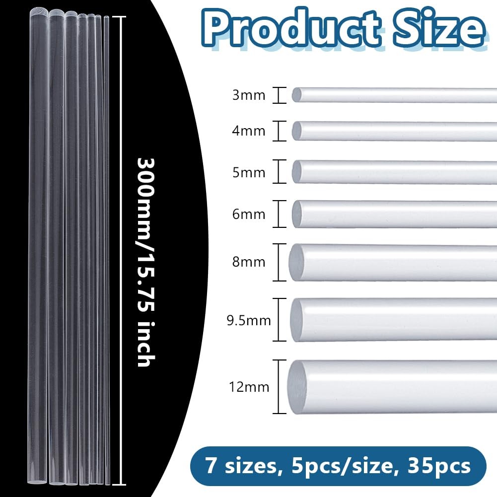 35Pcs 7 Sizes Clear Acrylic Dowel Rods Assortment Kit Diameter 3/4/5/6/8/9.5/…