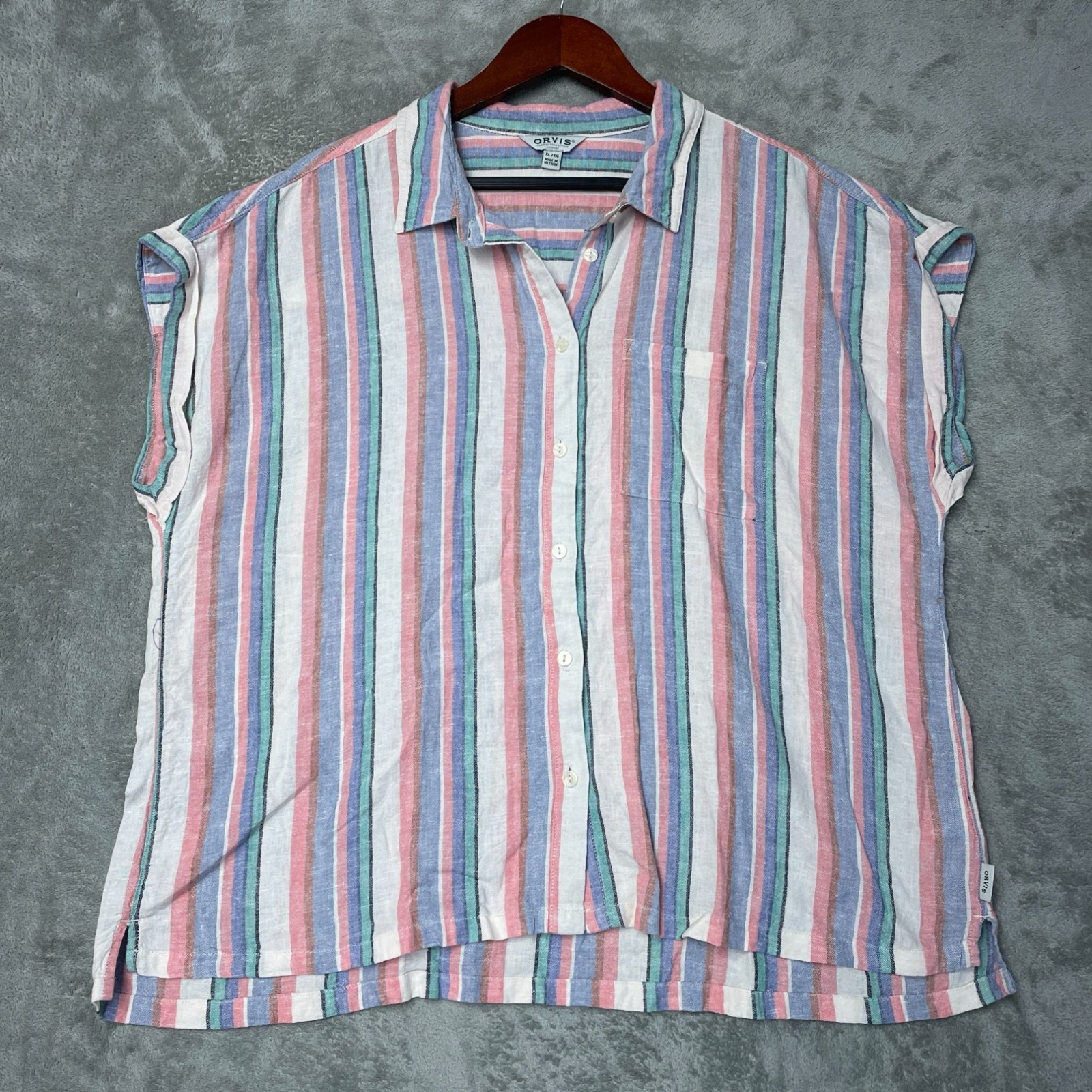 NWOT Orvis Women’s XL Button-Up Shirt Striped Linen Blend Short Sleeve i1992