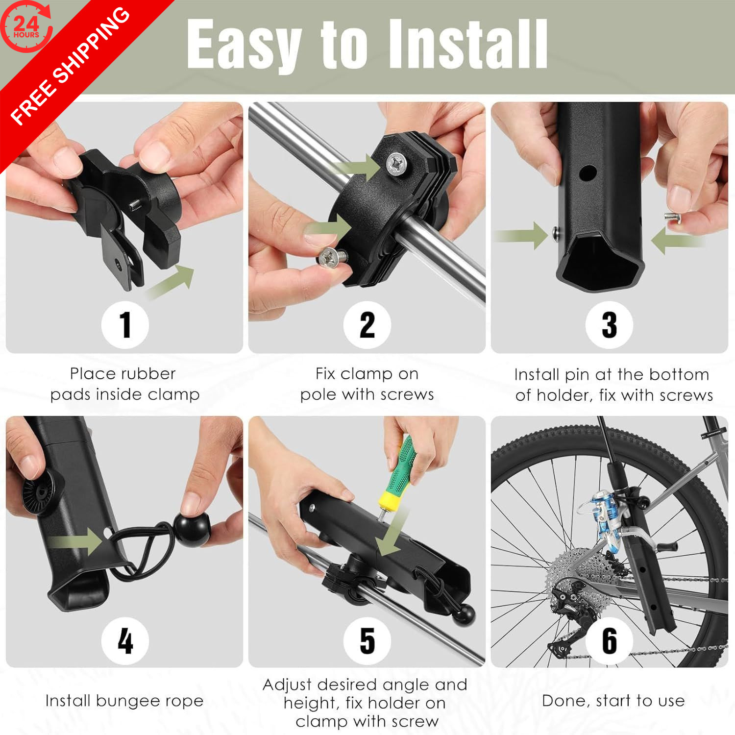 Roylvan Pole Mount Fishing Rod Holder for Bike, 360° 1 pack, 1P-Black