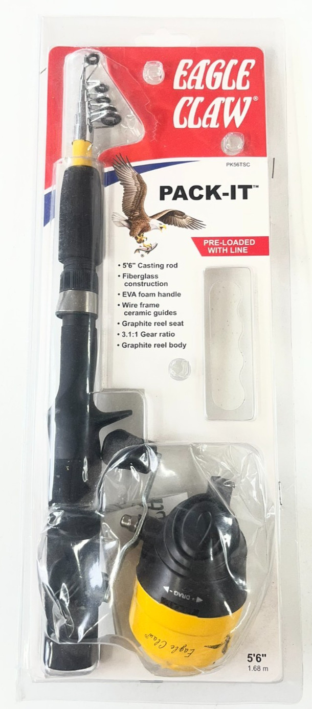 EAGLE CLAW “PACK IT” Telescoping Spincast FISHING Reel And Rod Combo NEW