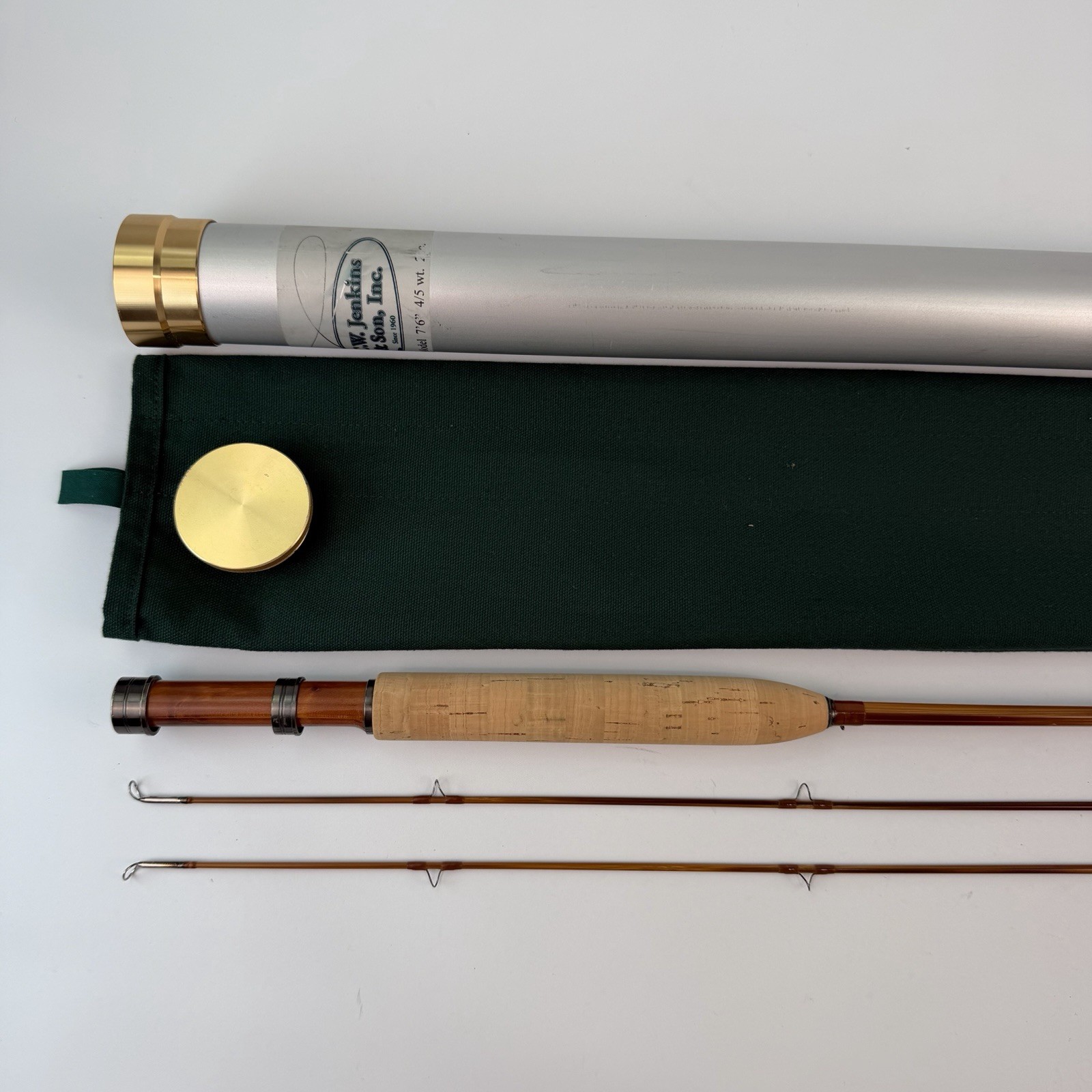 Vtg CW Jenkins & Son Signature Split Bamboo Fly Rod 7’6″ 4/5wt Tube Sock Ex Tip