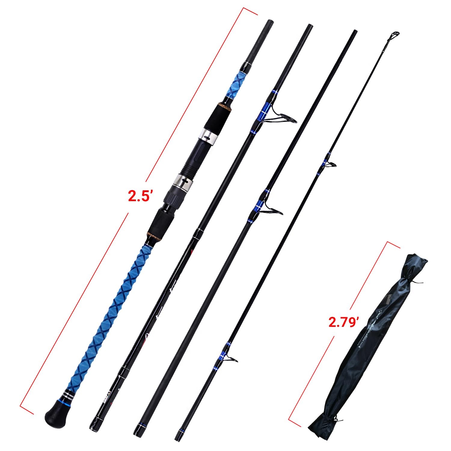 Fiblink Surf Spinning Fishing Rod Carbon Travel 4 Piece Large, Blue
