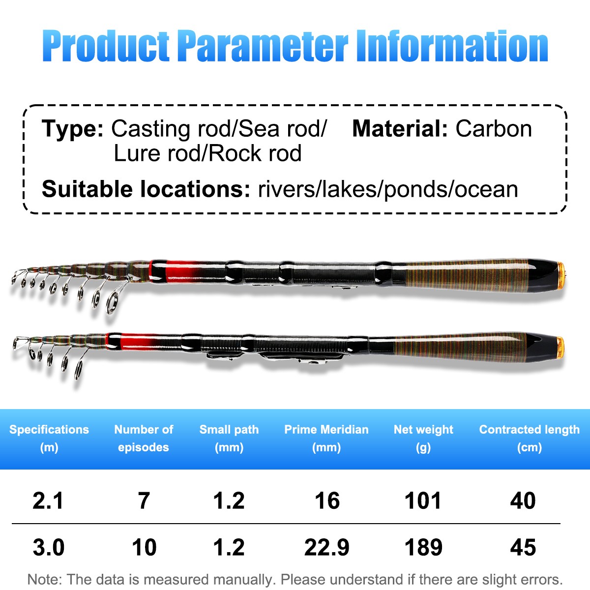 2.1-3.6M Carbon Fiber Telescopic Fishing Rod Pole Sea Saltwater And Freshwater