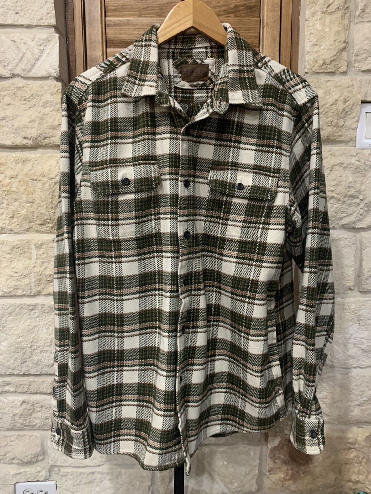 Orvis Men’s Flannel Plaid L/S Shirt Jacket Green & Ivory Side Pockets Size L EUC
